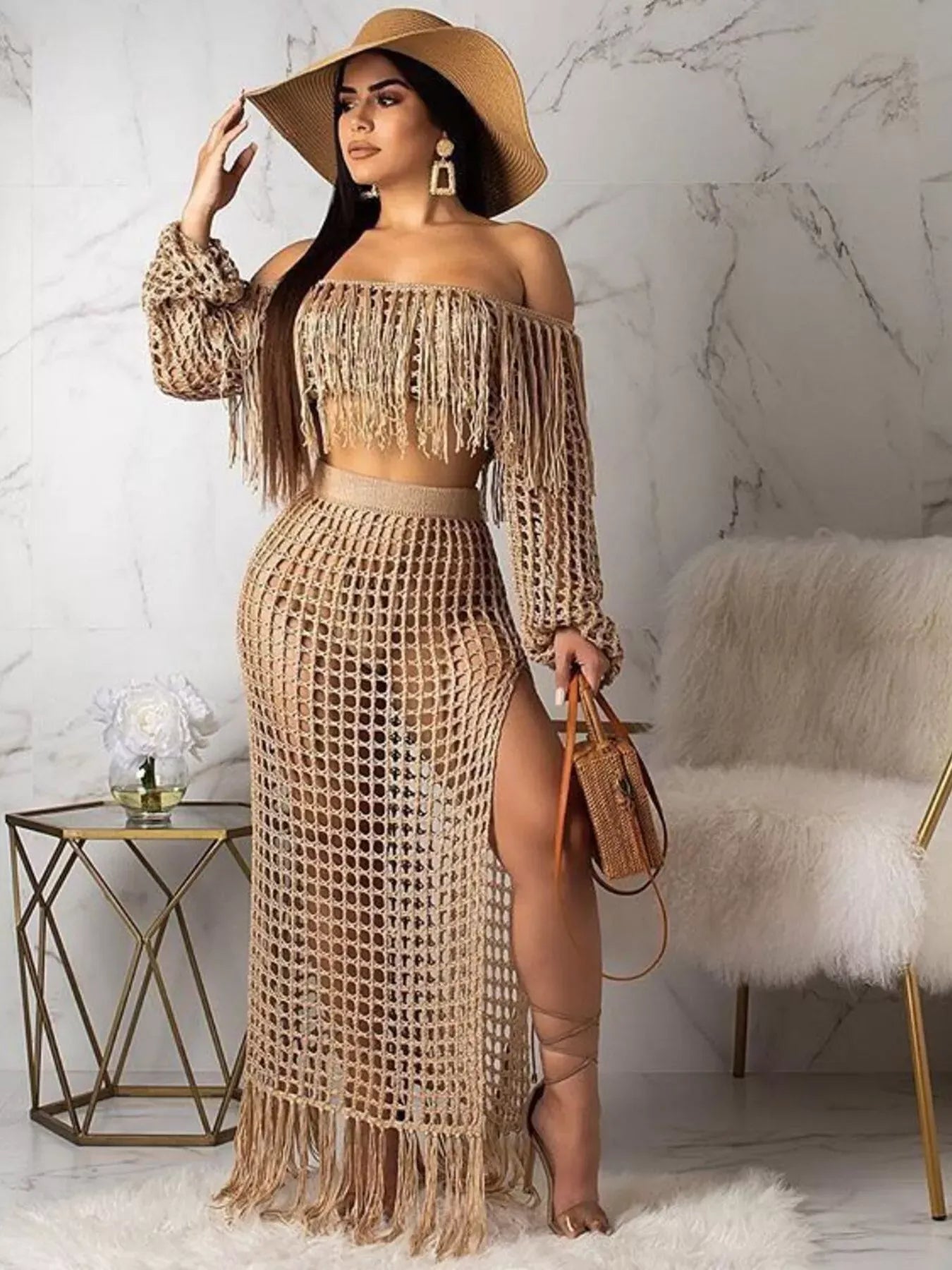 Trendsi Khaki / S Full Size Crochet Off-Shoulder Fringe Top and Skirt Set Plus Size