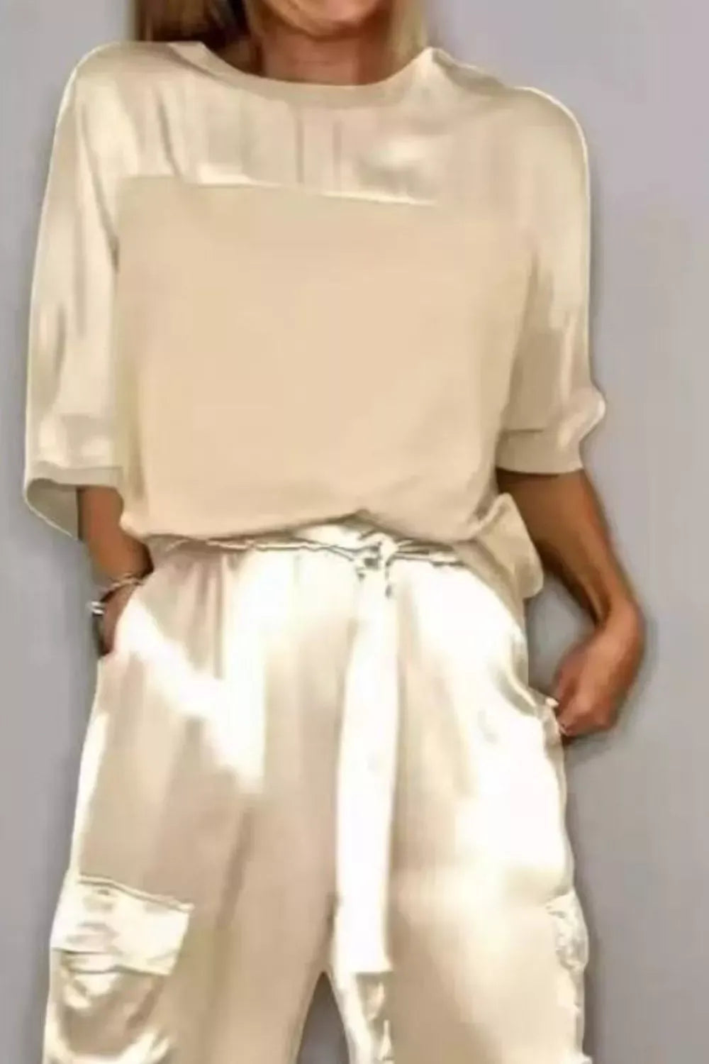 Trendsi Beige / S Satin Round Neck Top and Pants Set
