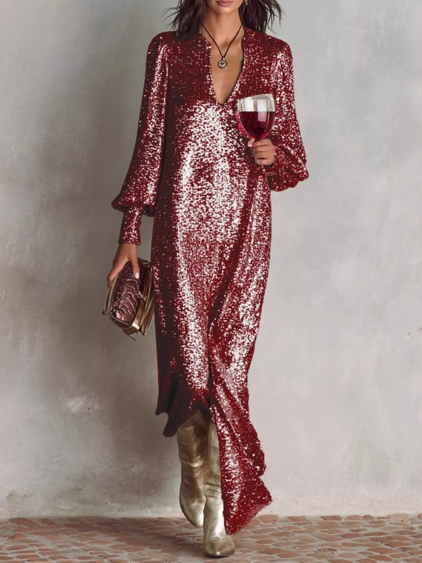 Trendsi Wine Red / S Sequin Notched Lantern Sleeve Maxi Dress