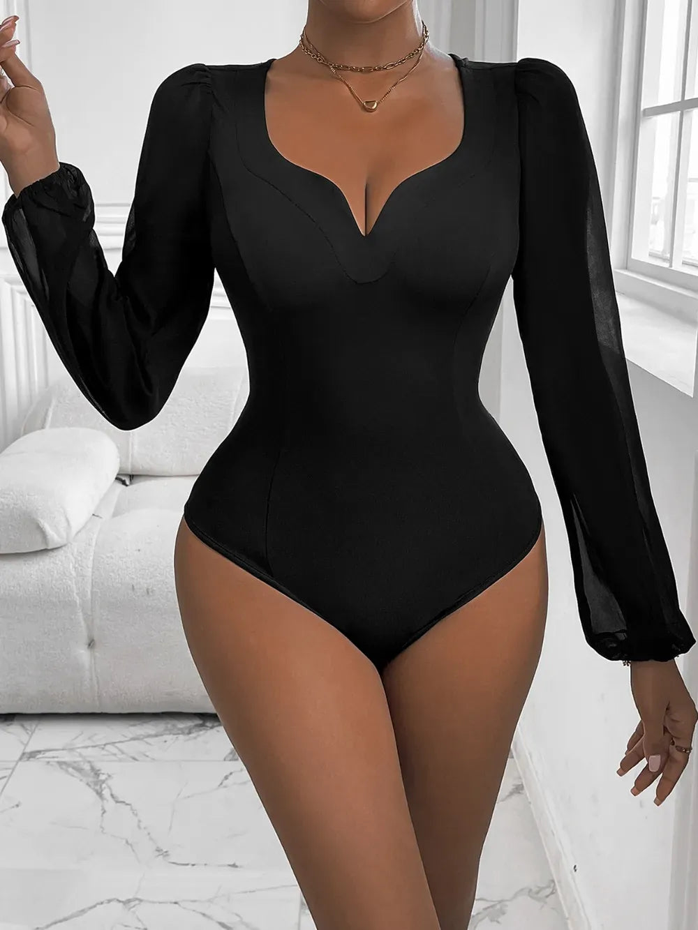 Trendsi Black / S Perfee Sweetheart Neck Long Sleeve Bodysuit
