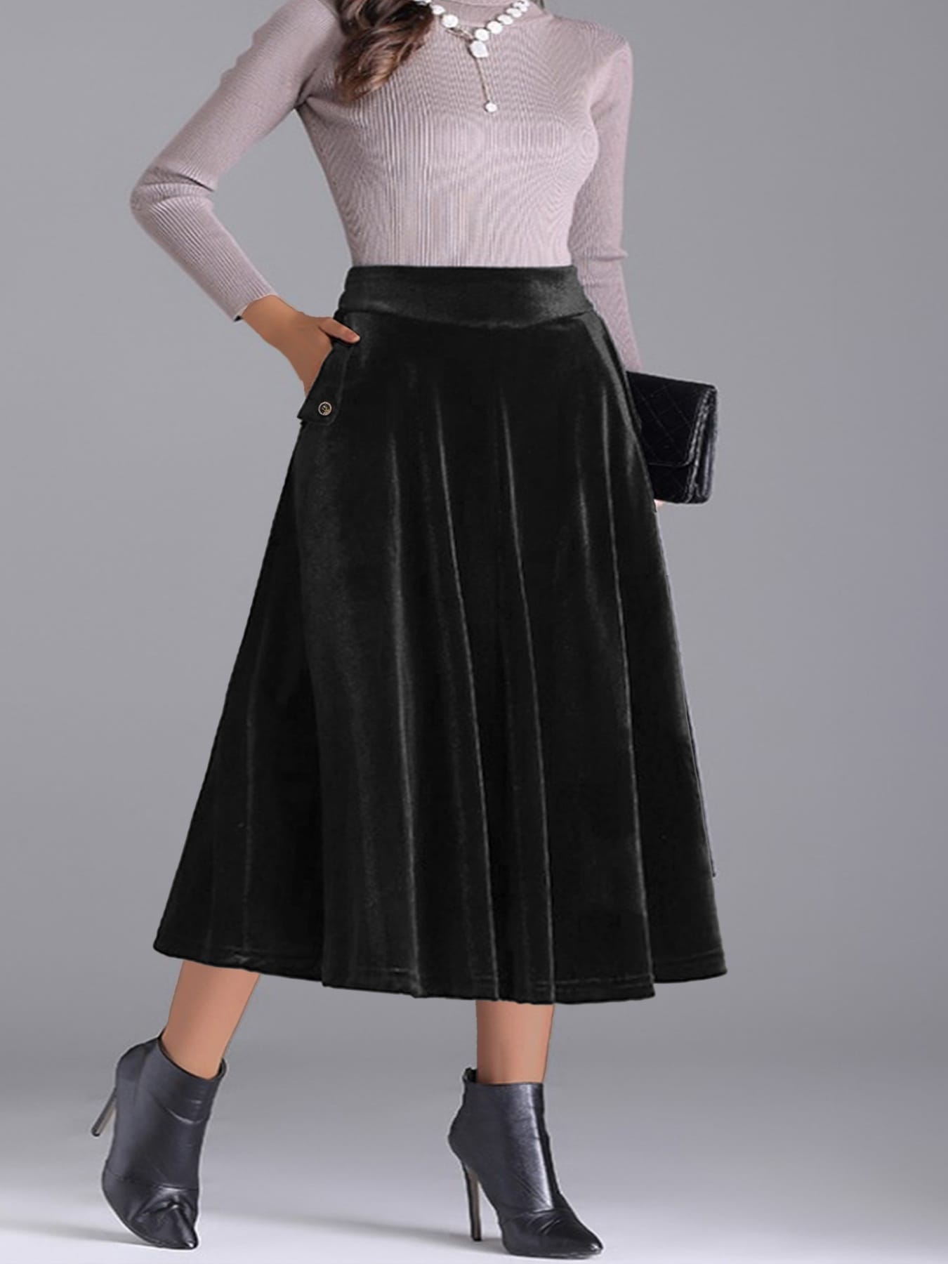 Trendsi Skirt Black / 0XL Plus Size Elegant Velvet A-Line Midi Skirt