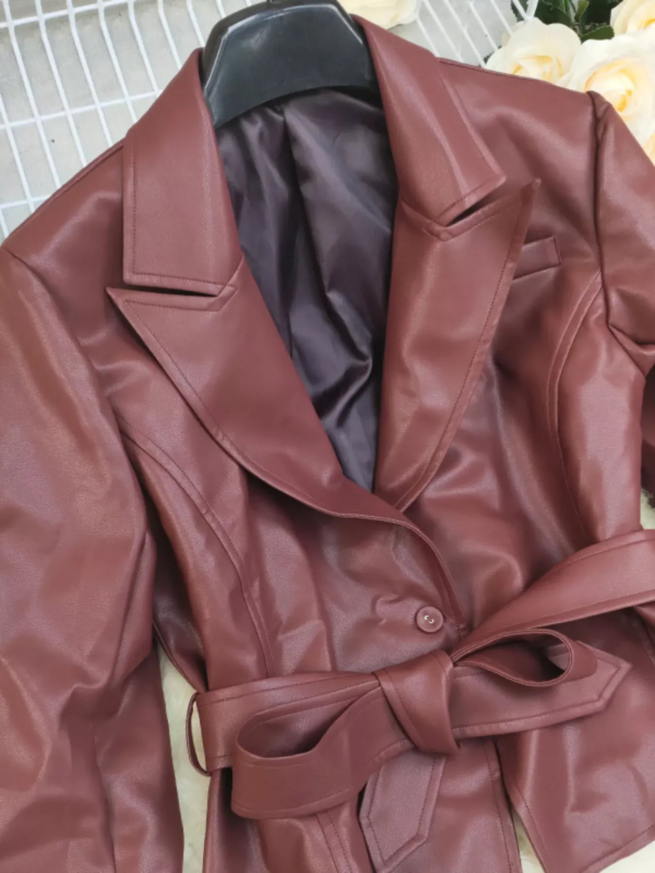 Trendsi Belted Faux Leather Blazer