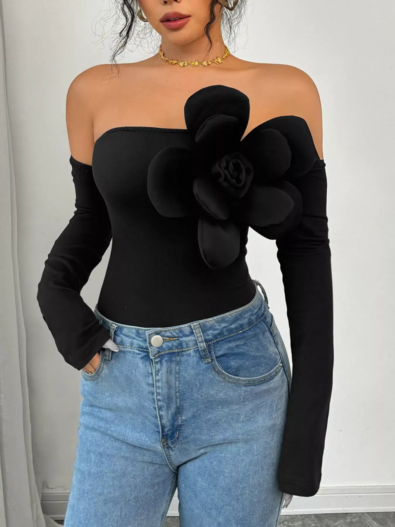 Trendsi Flower Off-Shoulder Long Sleeve Bodysuit
