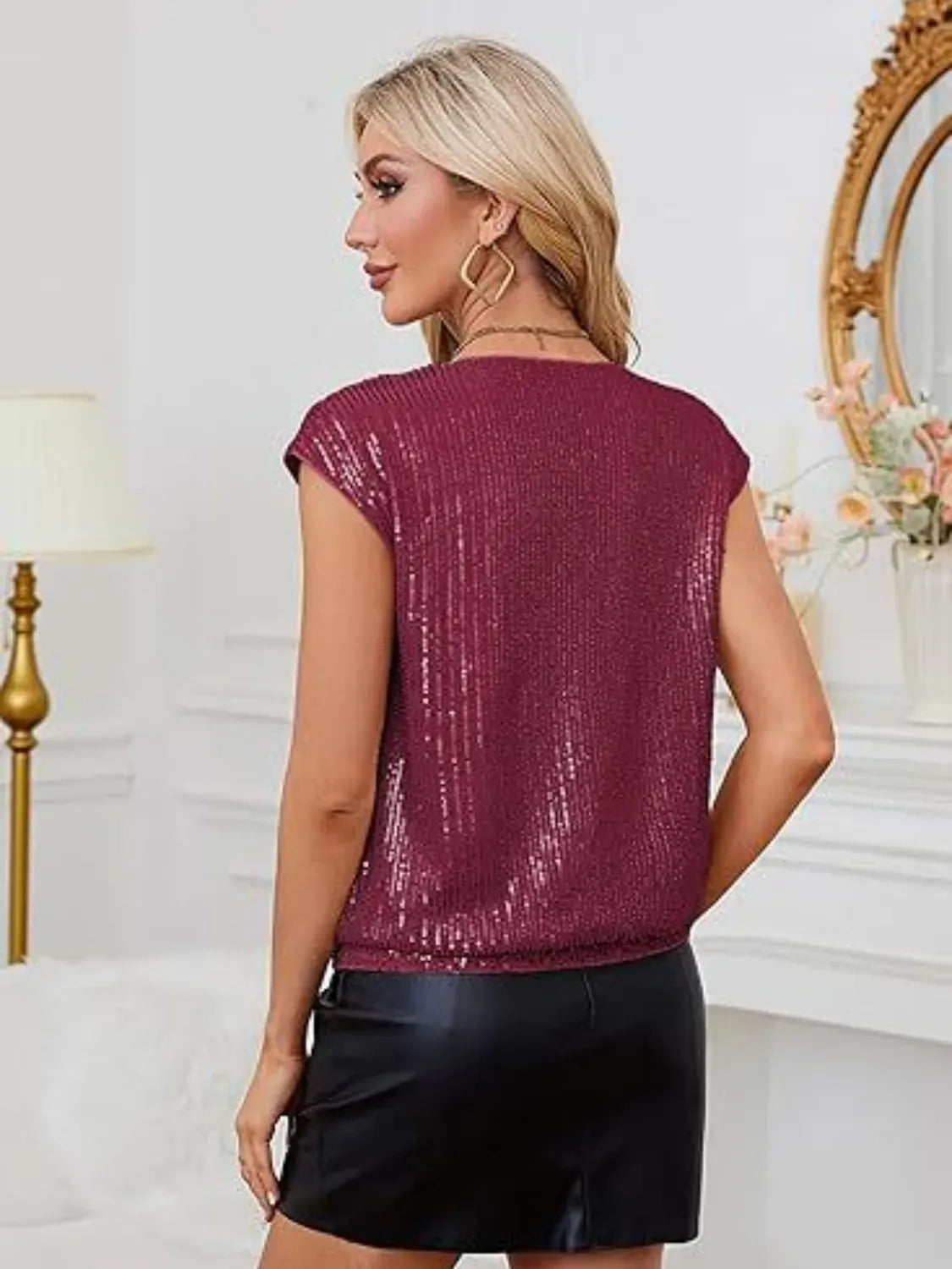 Trendsi Blouse V-Neck Sequin Cap Sleeve Top