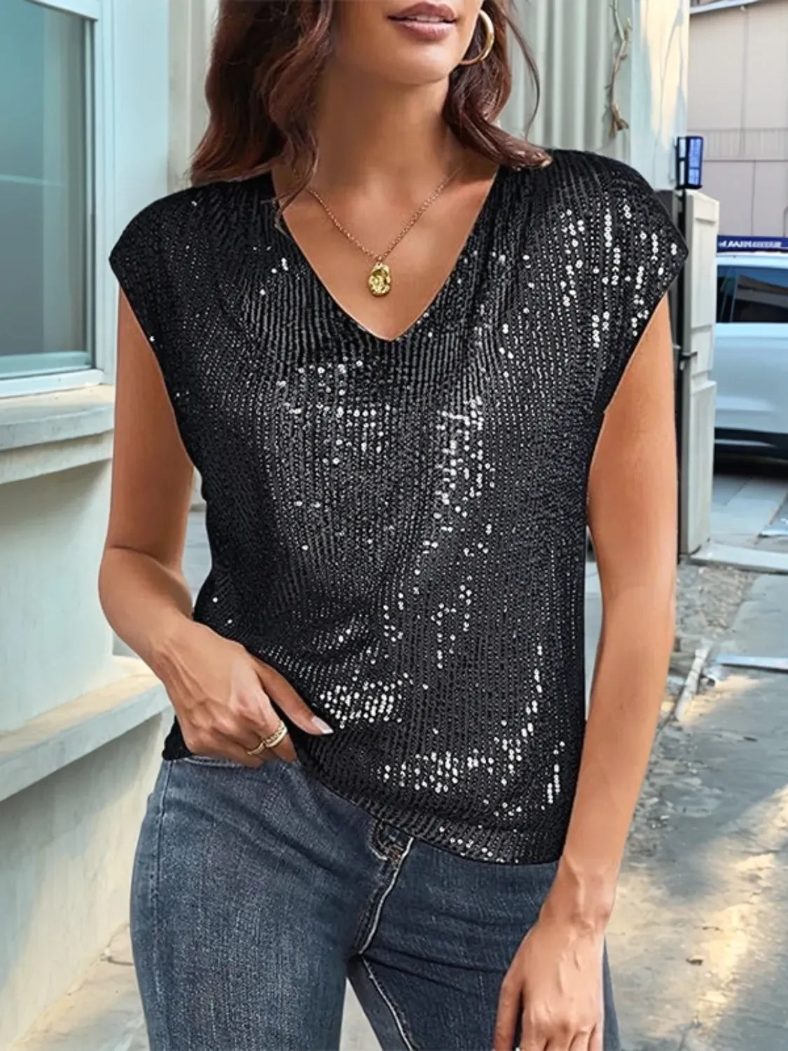 Trendsi Blouse Black / S V-Neck Sequin Cap Sleeve Top
