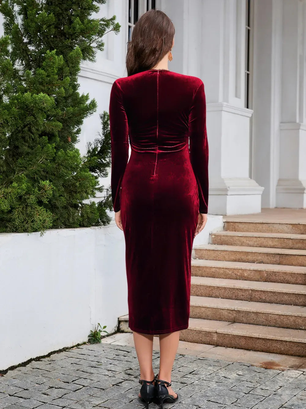 Trendsi Ruched Slit Surplice Wrap Dress
