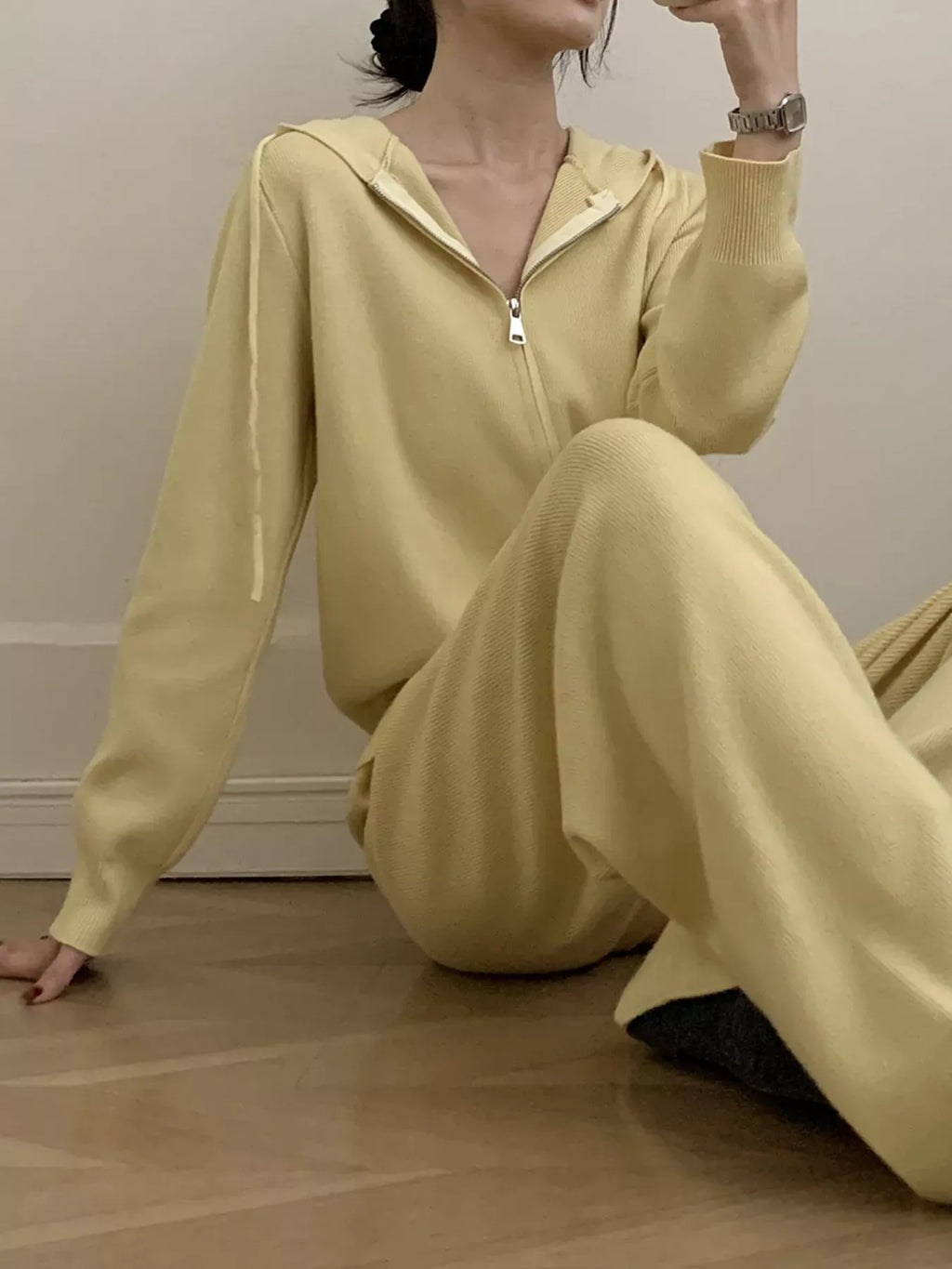 Trendsi Zip Up Cardigan and Drawstring Wide Leg Pants Knit Set