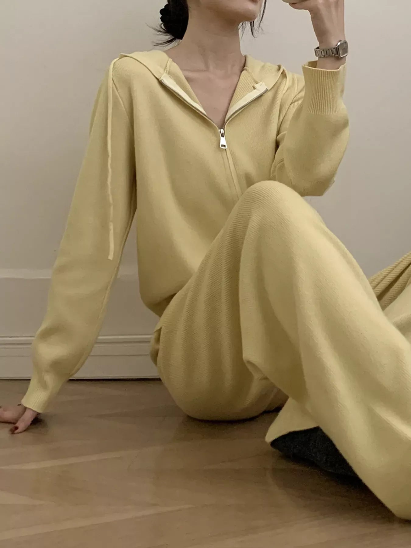 Trendsi Zip Up Cardigan and Drawstring Wide Leg Pants Knit Set