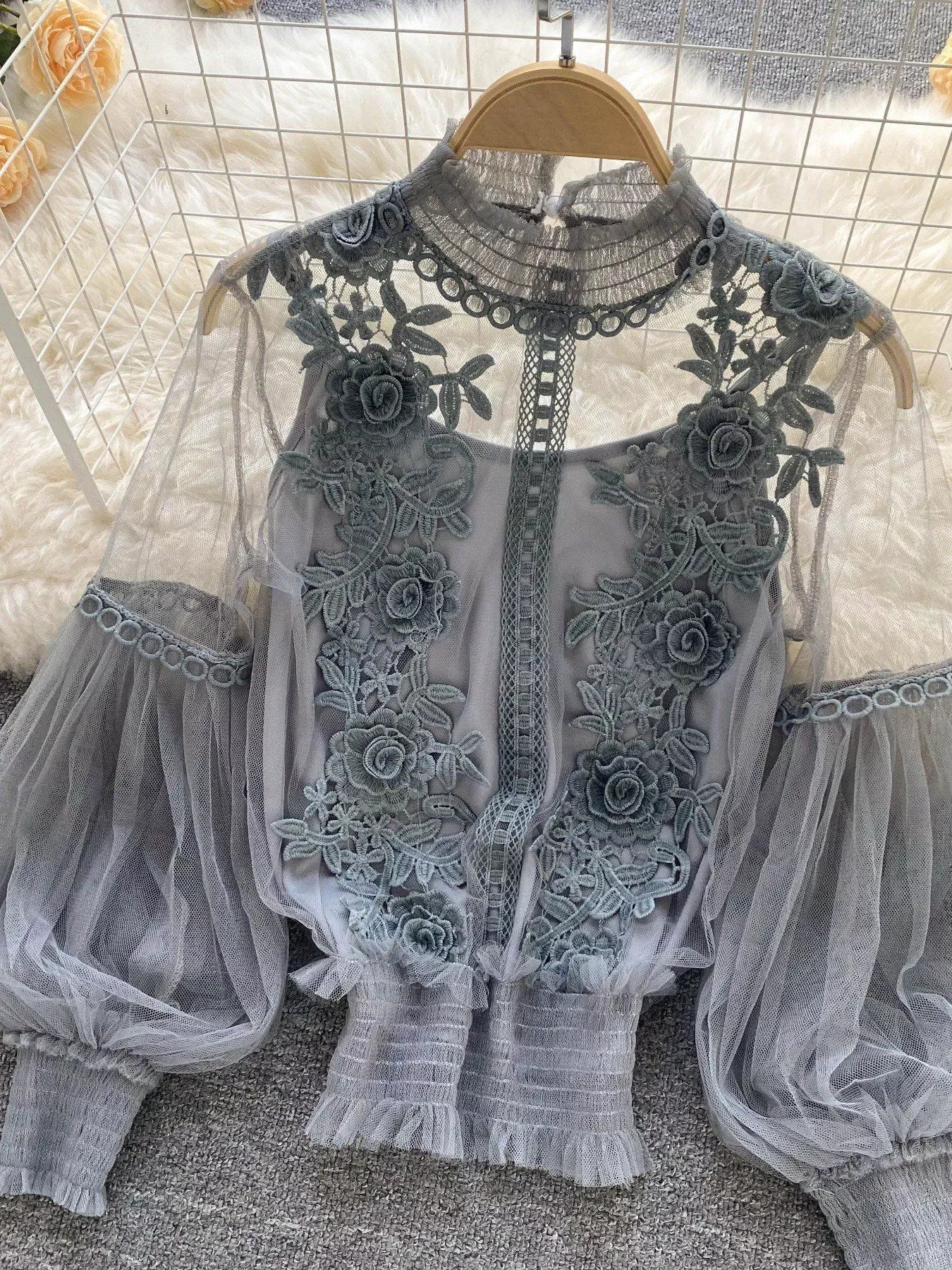 Trendsi Gray / One Size Floral Lace Blouse & Cami Set