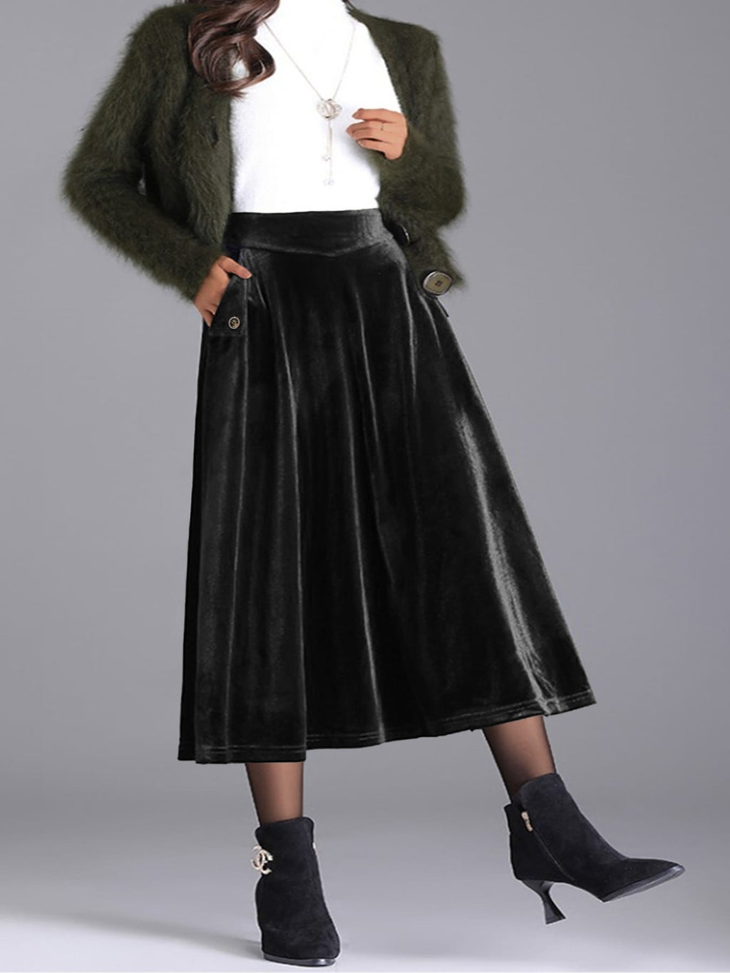 Trendsi Skirt Plus Size Elegant Velvet A-Line Midi Skirt