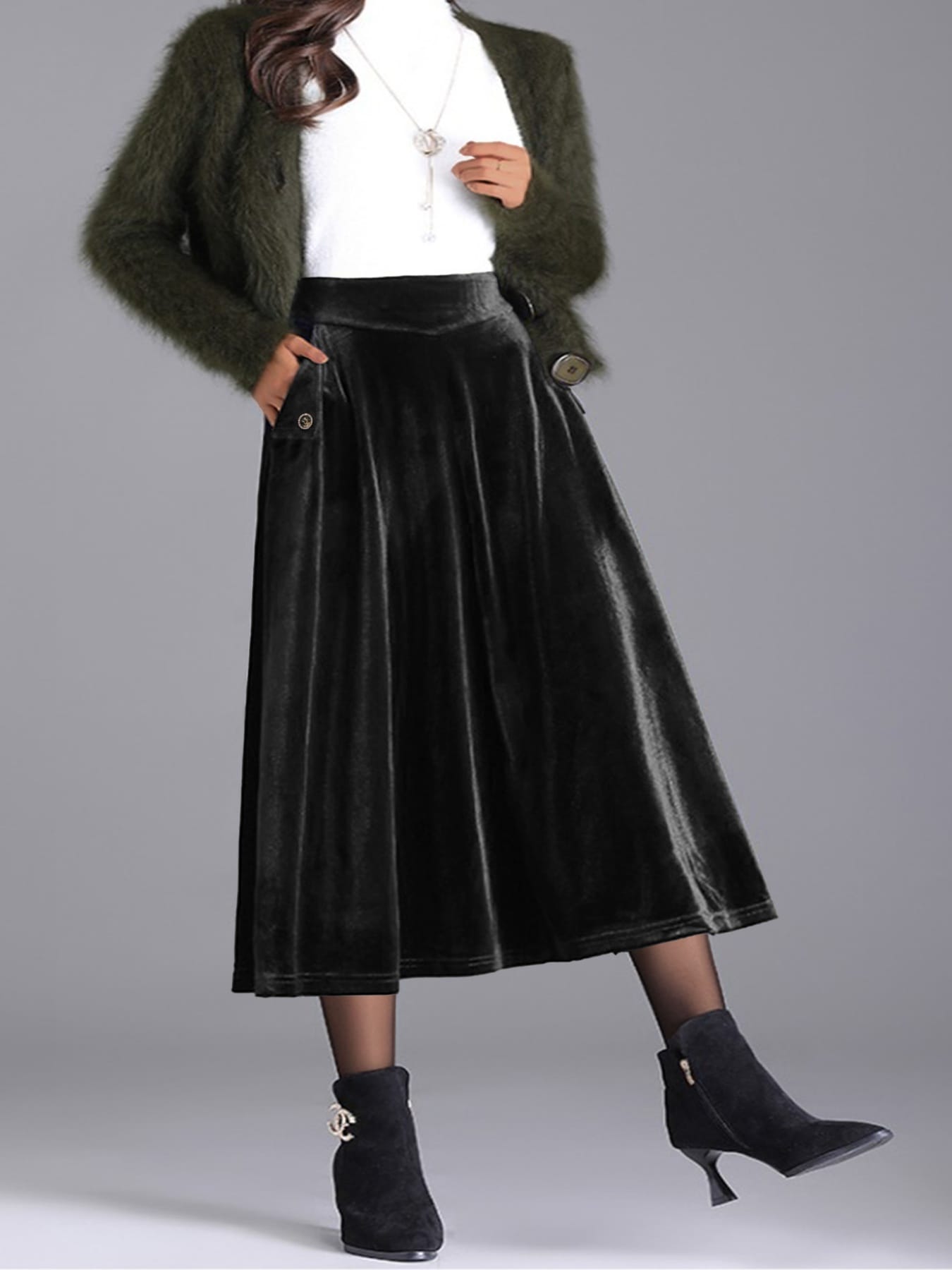 Trendsi Skirt Plus Size Elegant Velvet A-Line Midi Skirt