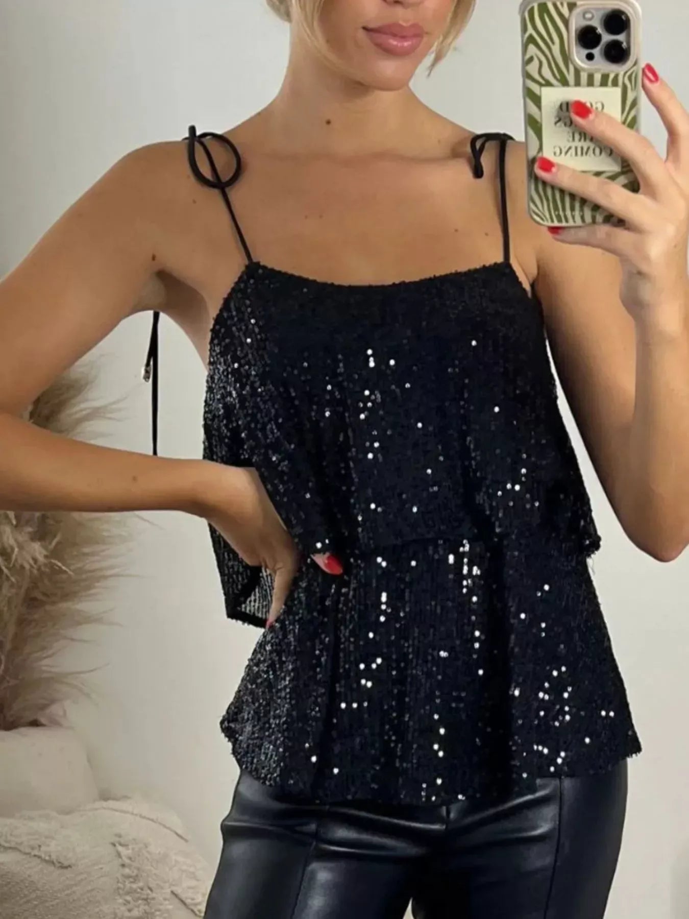 Trendsi Top Full Size Sequin Tie Shoulder Cami Plus Size