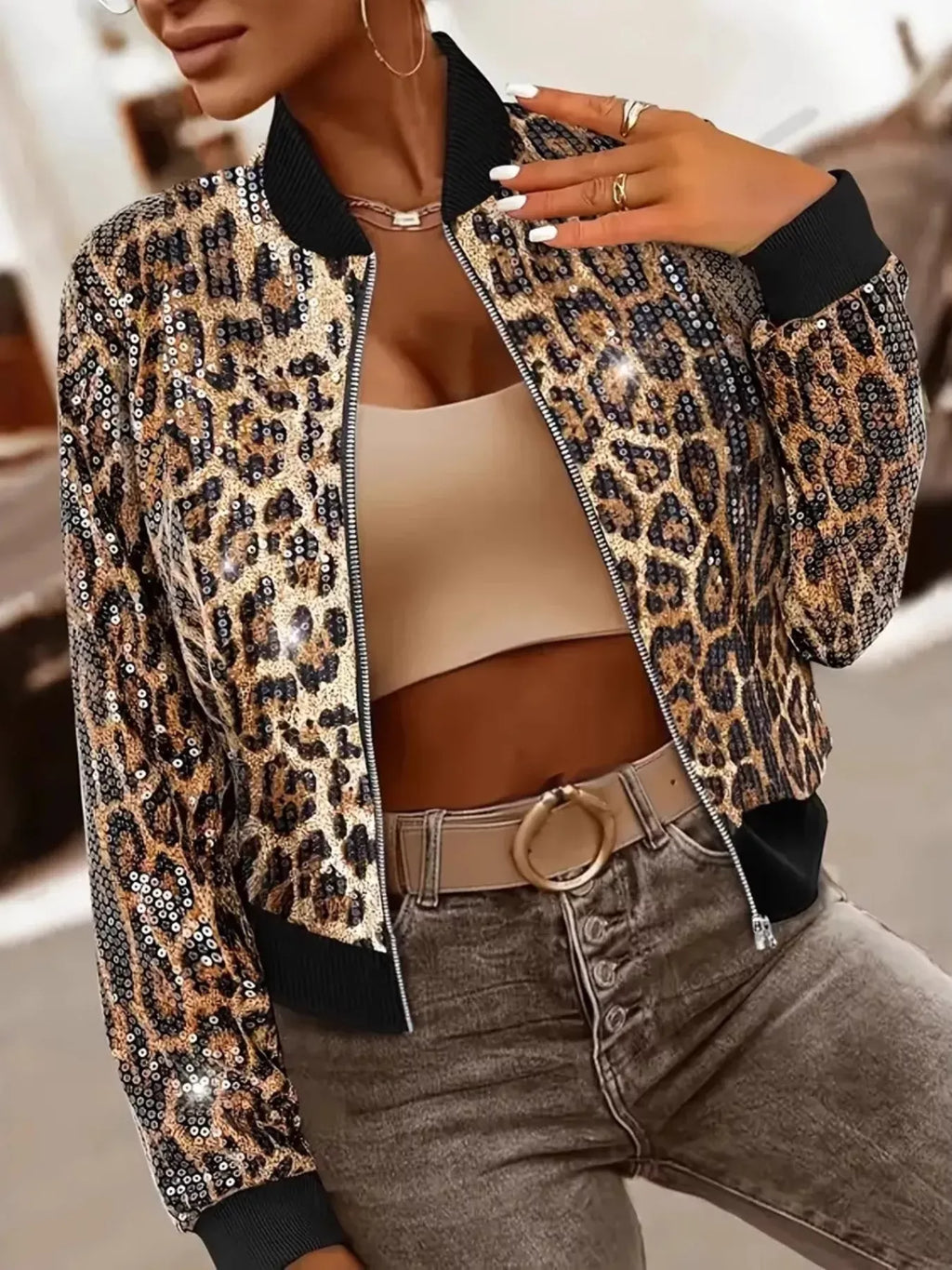 Trendsi Khaki / S Sequin Leopard Zip Up Jacket
