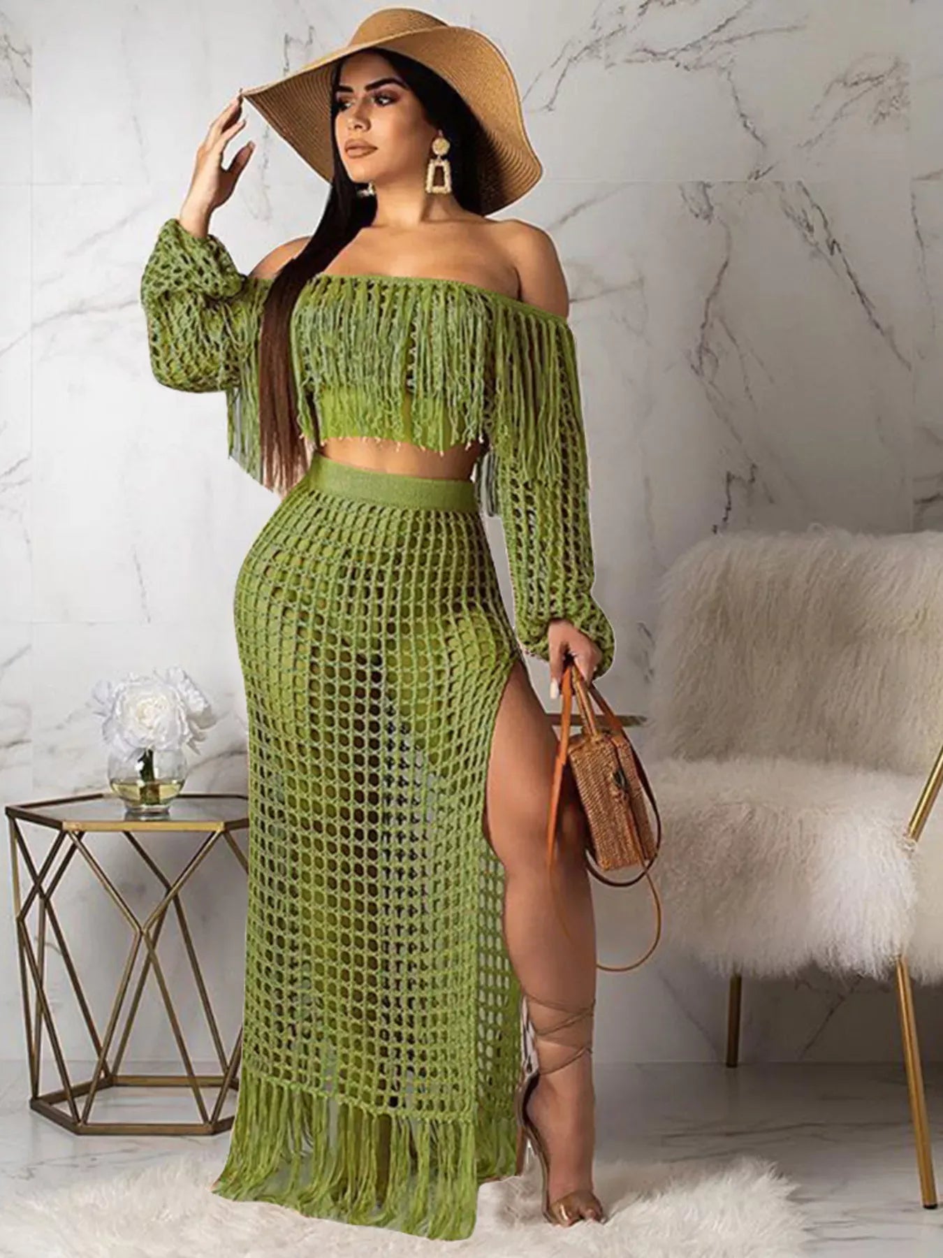 Trendsi Light Army Green / S Full Size Crochet Off-Shoulder Fringe Top and Skirt Set Plus Size