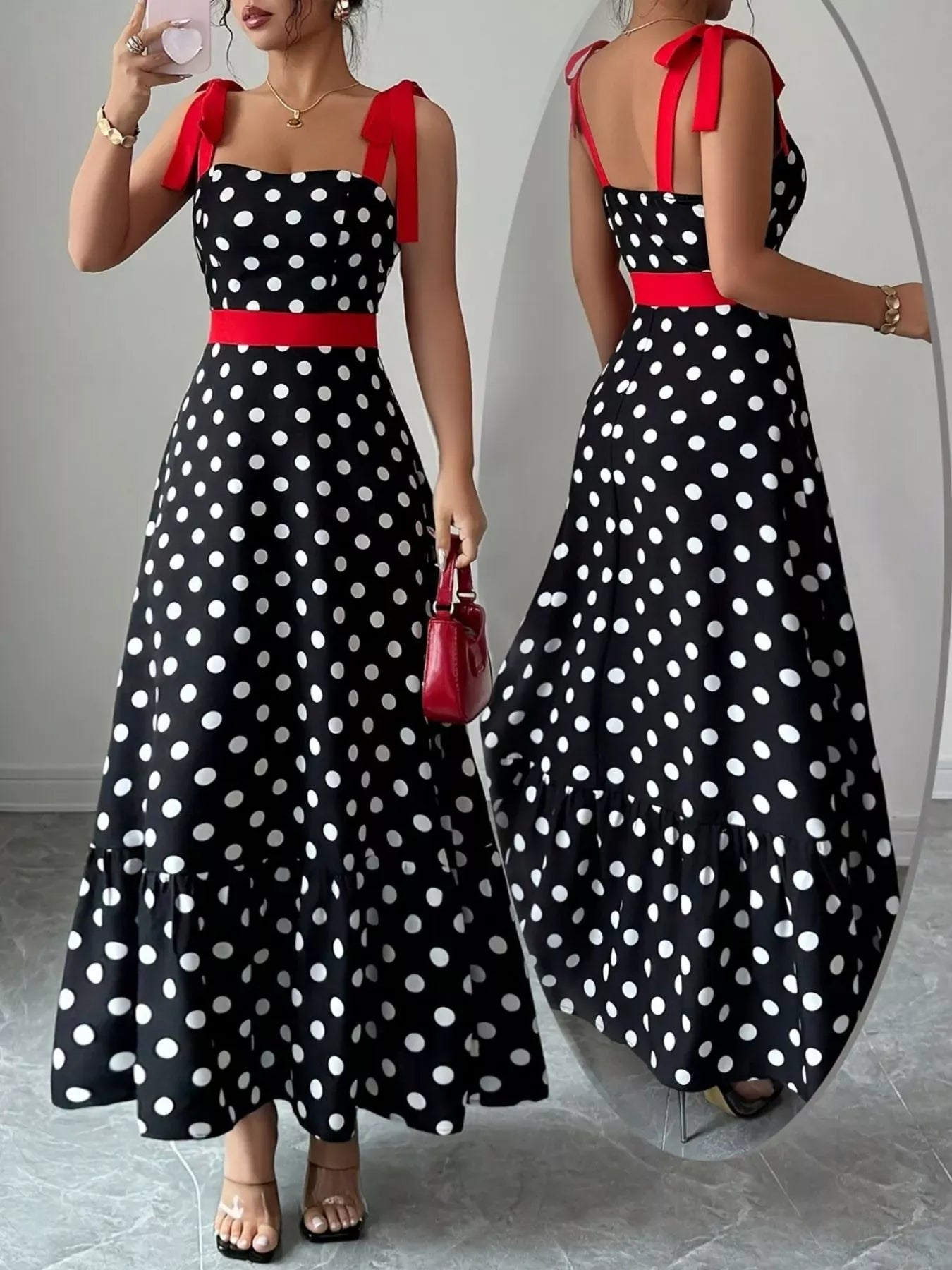 Trendsi Polka Dot Tie Strap Maxi Dress