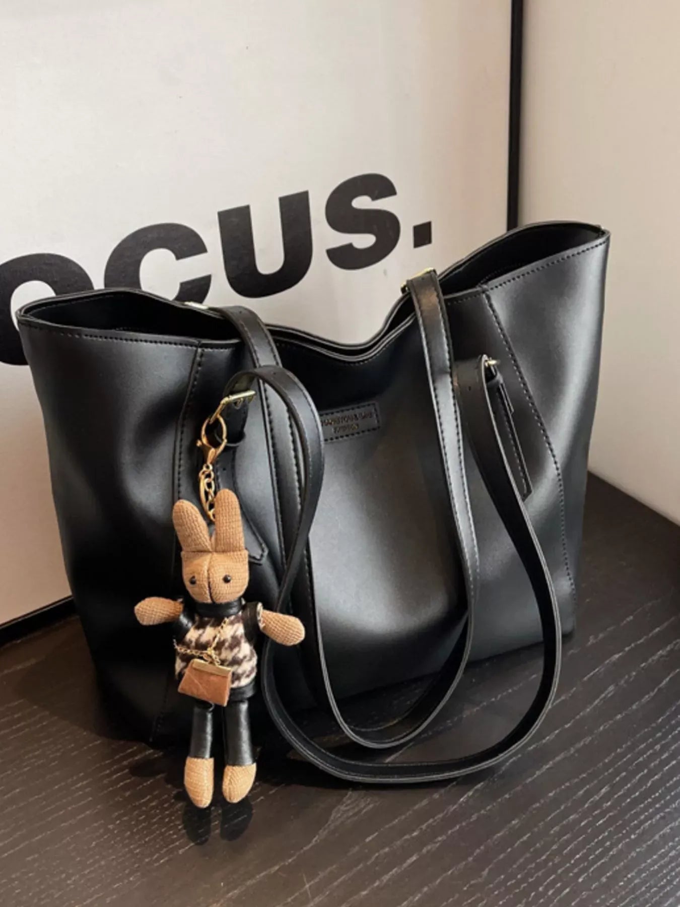 Trendsi Black / ONESIZE PU Leather Tote Bag