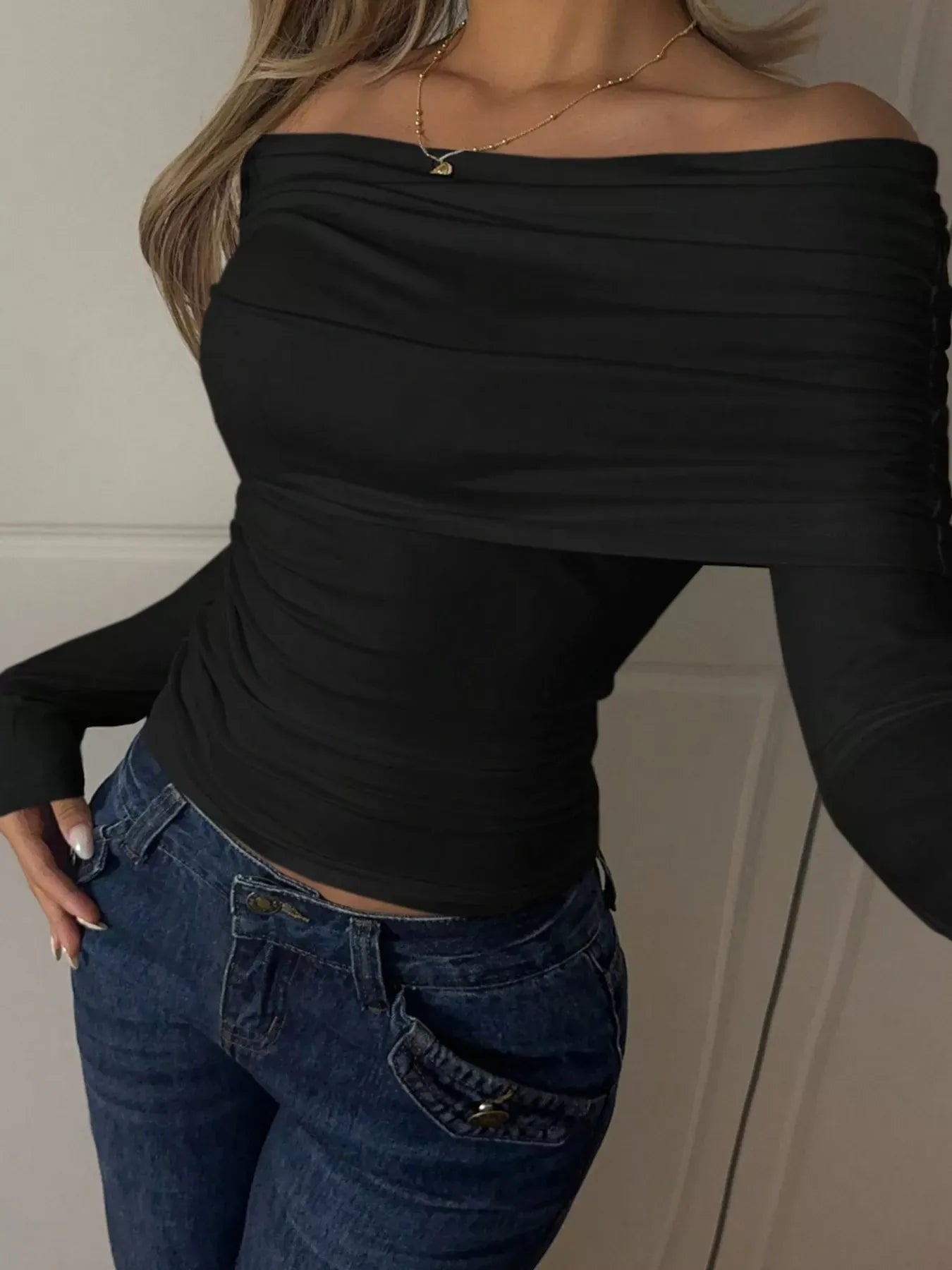 Trendsi Shirt Off-Shoulder Ruched Long Sleeve T-Shirt