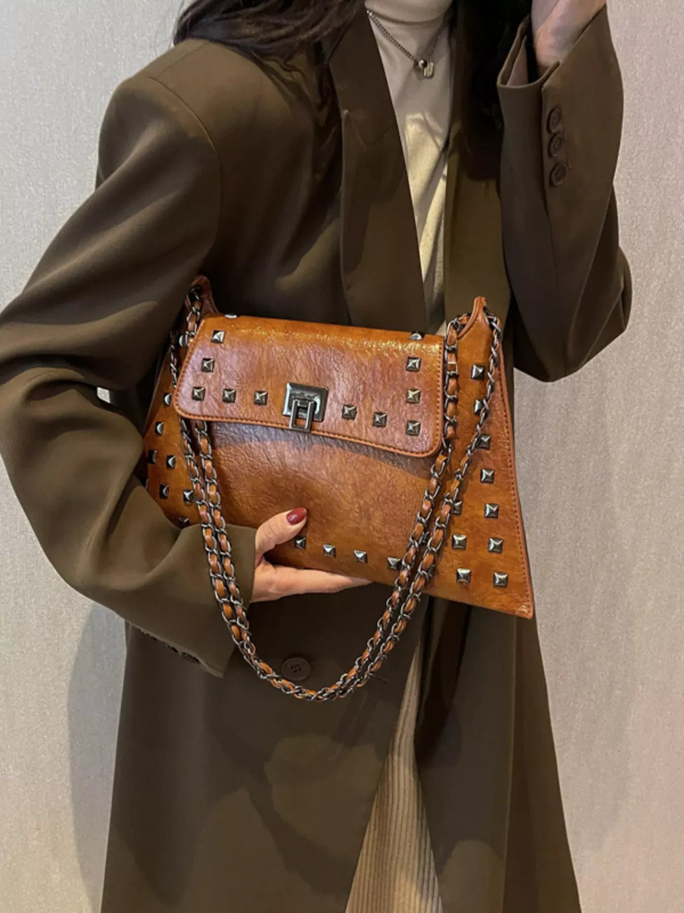 Trendsi Brown / One Size Studded Flap Chain Shoulder Bag