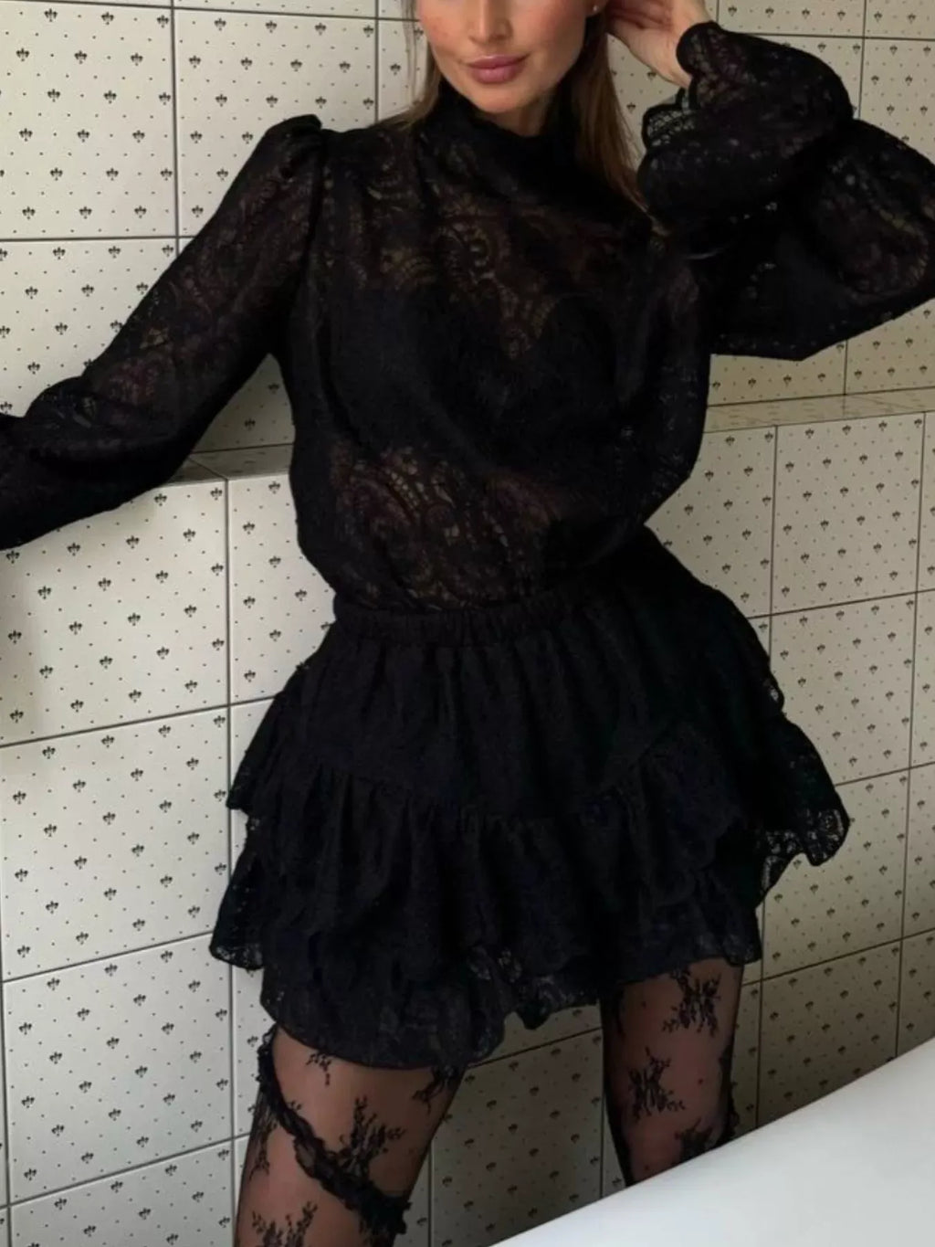 Trendsi top Lace Long Sleeve Top and Skirt Set