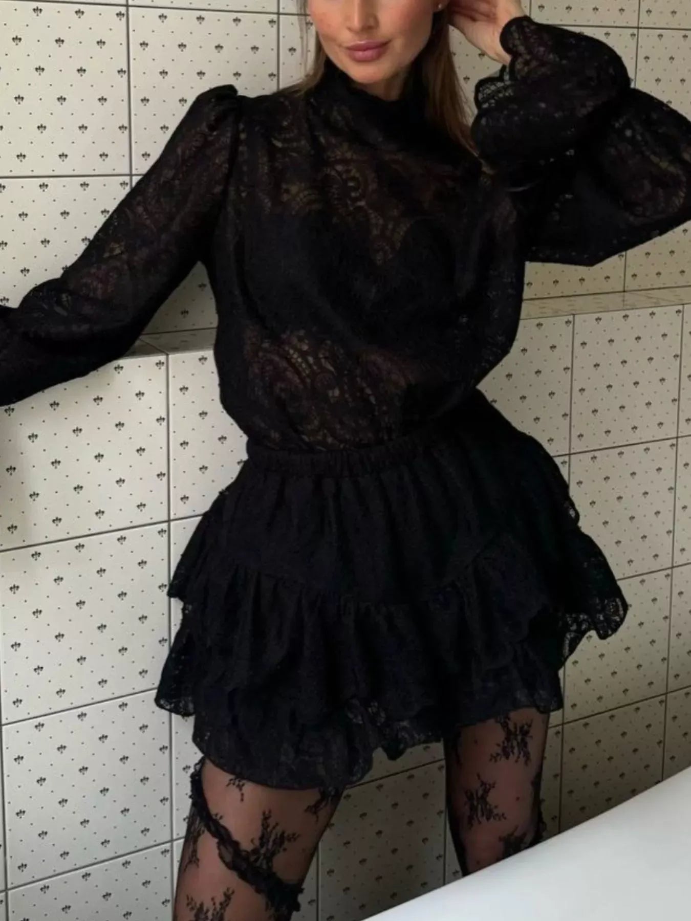 Trendsi top Lace Long Sleeve Top and Skirt Set