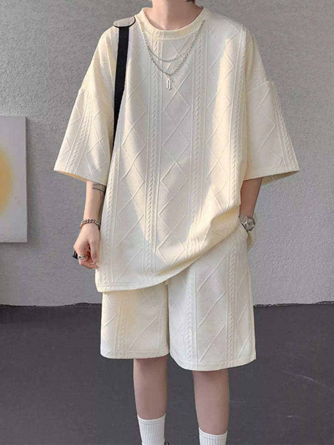Trendsi Apricot / M Men's Plus Size Textured Relaxed Fit Top and Shorts Set