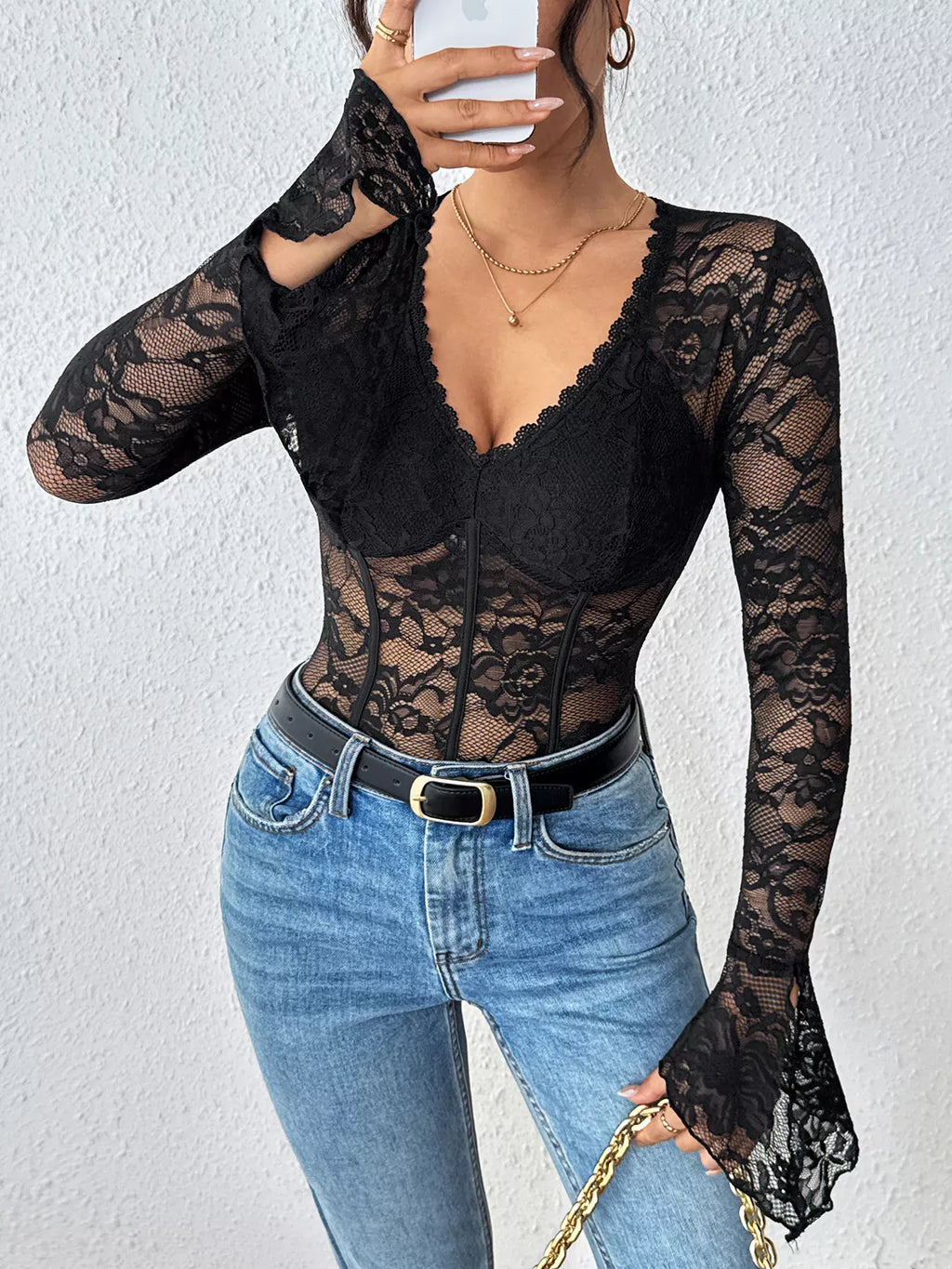 Trendsi body suit Lace Long Sleeve Bodysuit