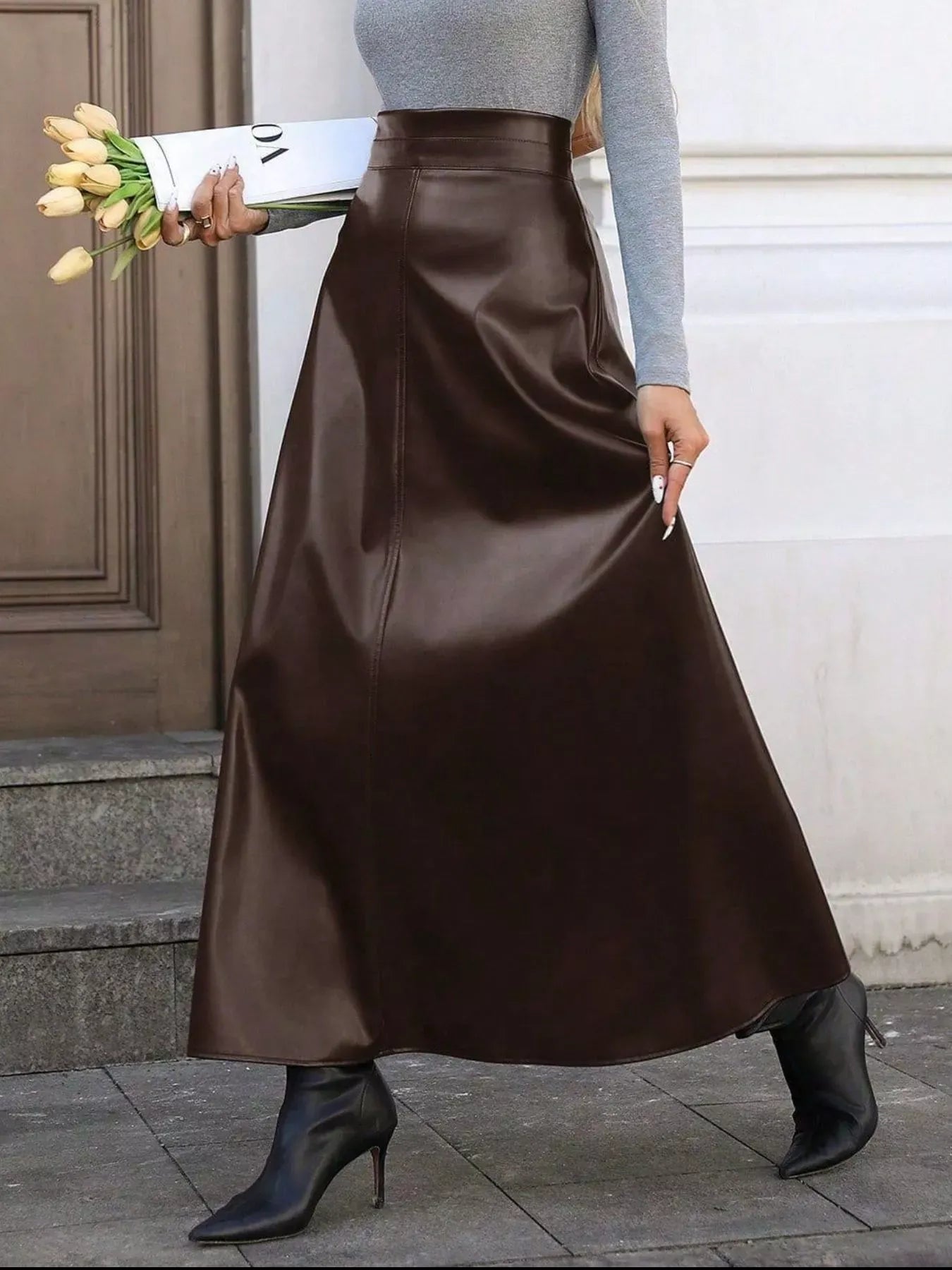Trendsi Leather A-Line Midi Skirt