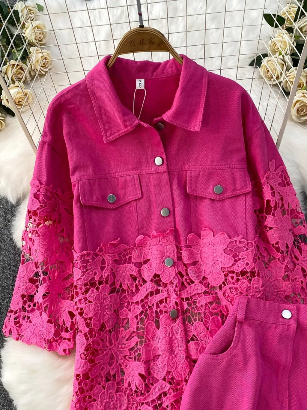 Trendsi Lace Patchwork Shacket and Pants Set