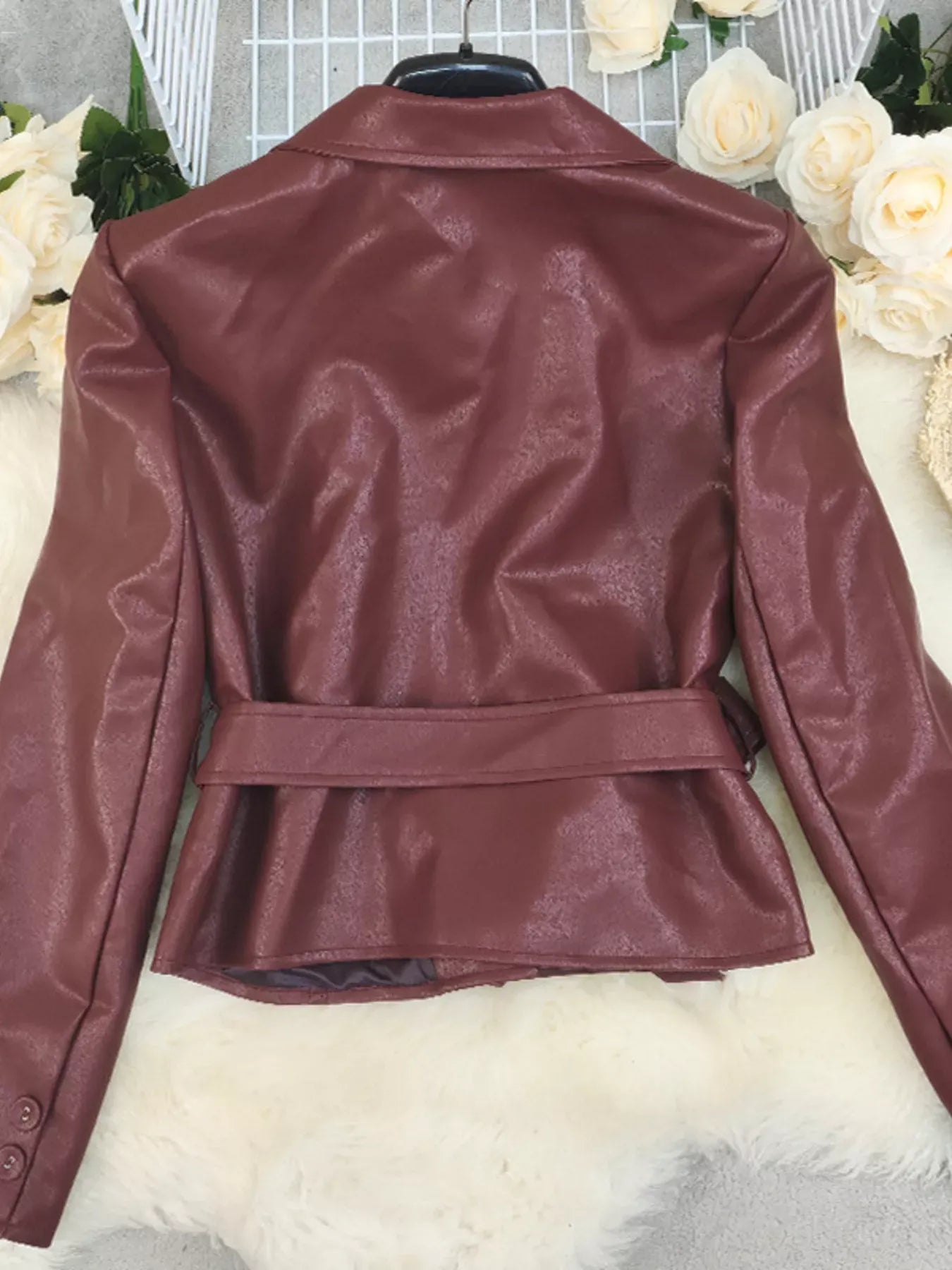 Trendsi Belted Faux Leather Blazer