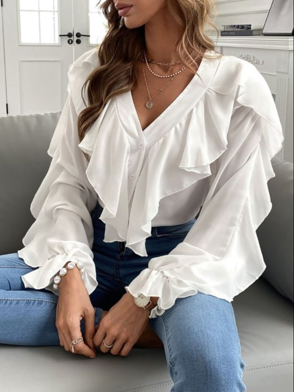 Trendsi Full Size Ruffle Trim V-Neck Shirt Plus Size