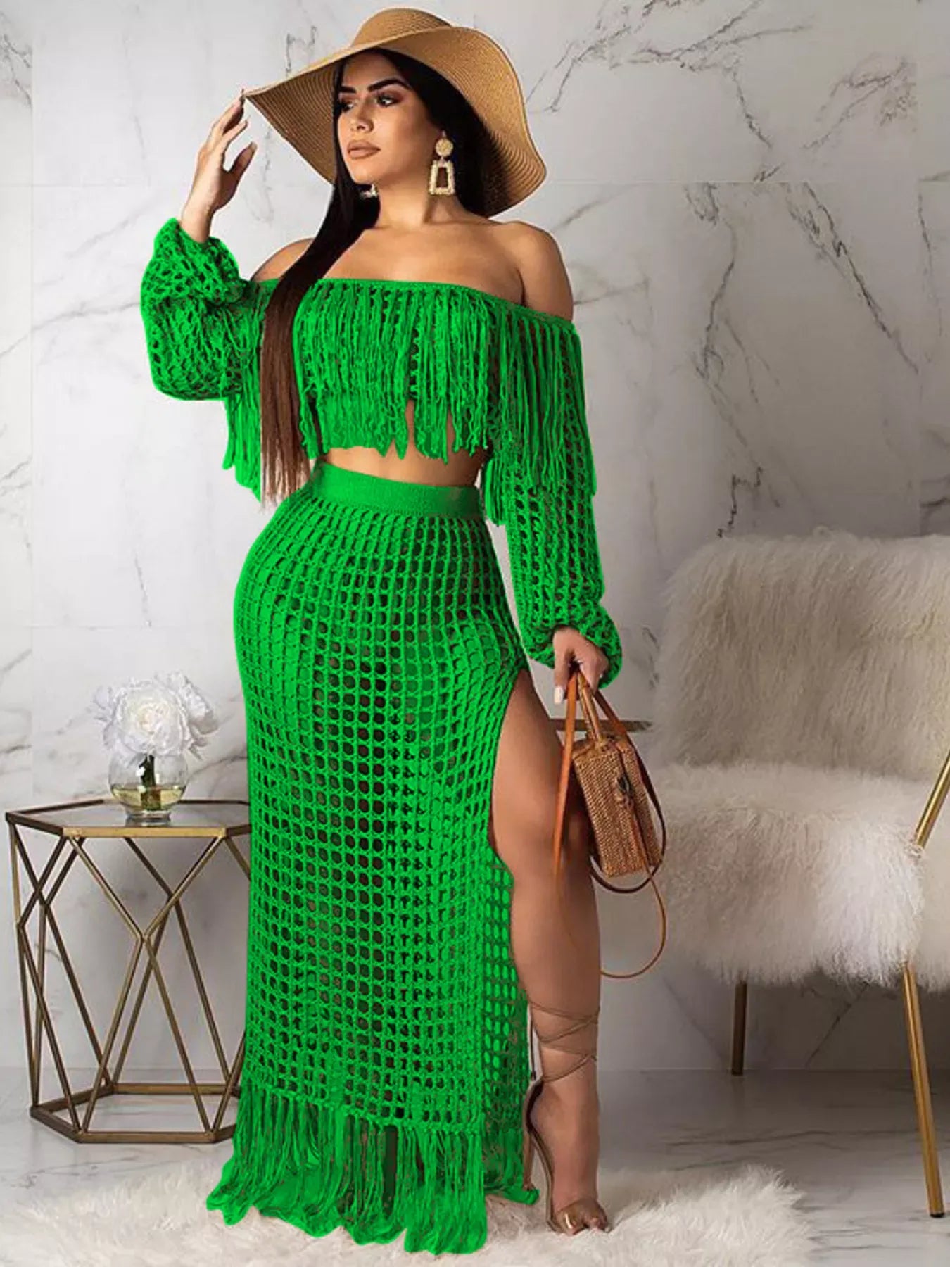 Trendsi Green / S Full Size Crochet Off-Shoulder Fringe Top and Skirt Set Plus Size