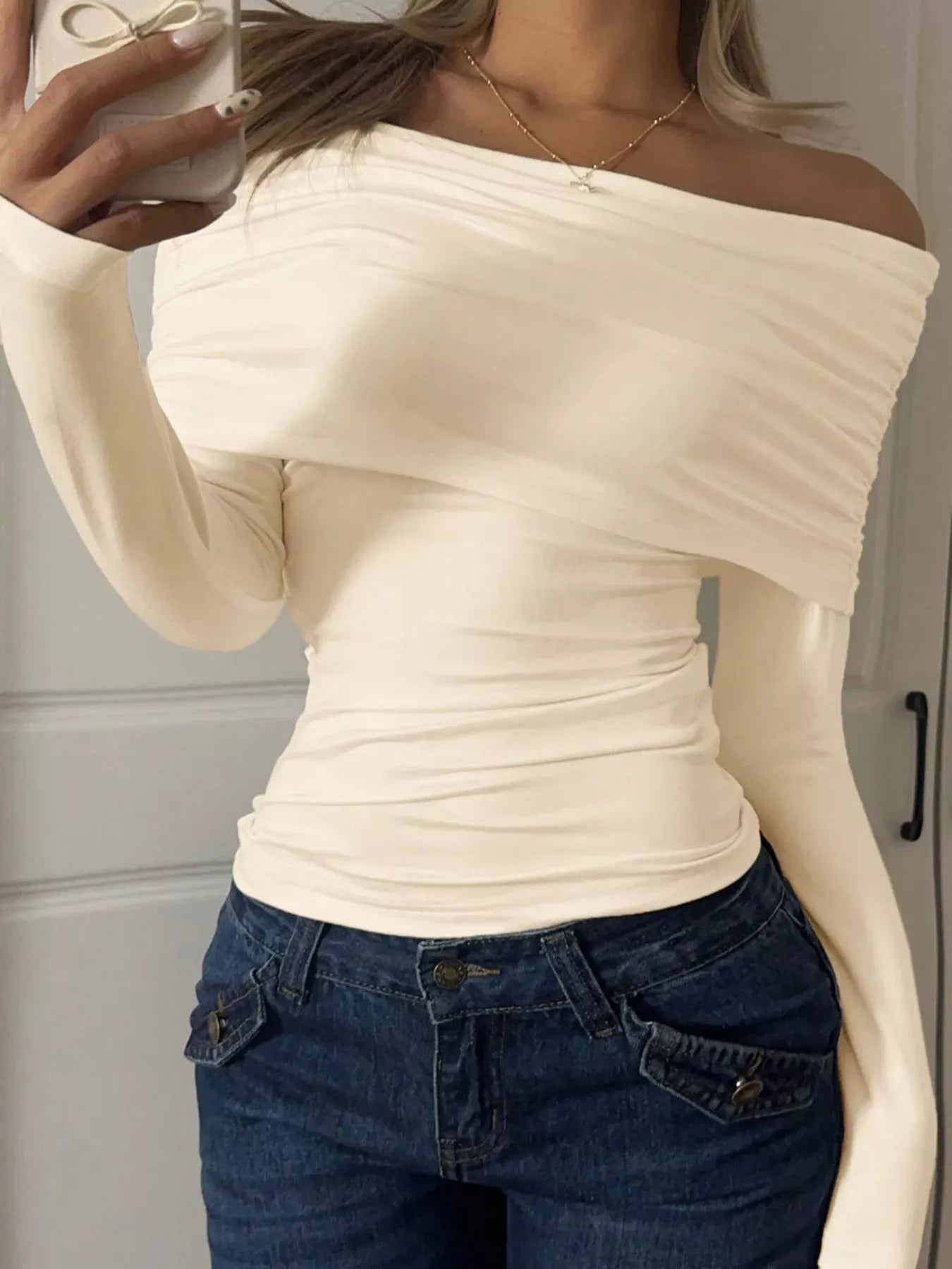 Trendsi Shirt Off-Shoulder Ruched Long Sleeve T-Shirt