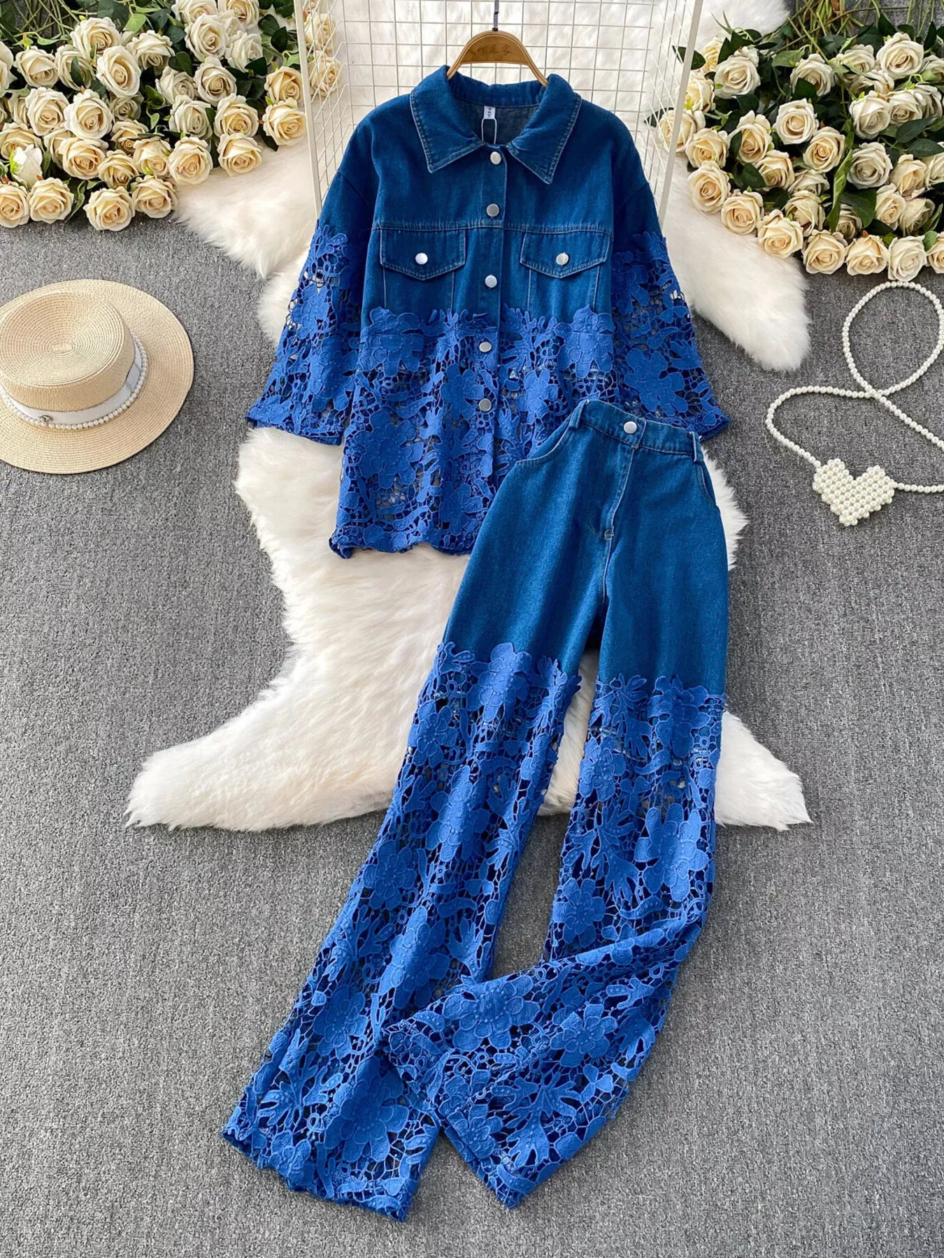 Trendsi Blue Two-piece Set / One Size Lace Patchwork Shacket and Pants Set