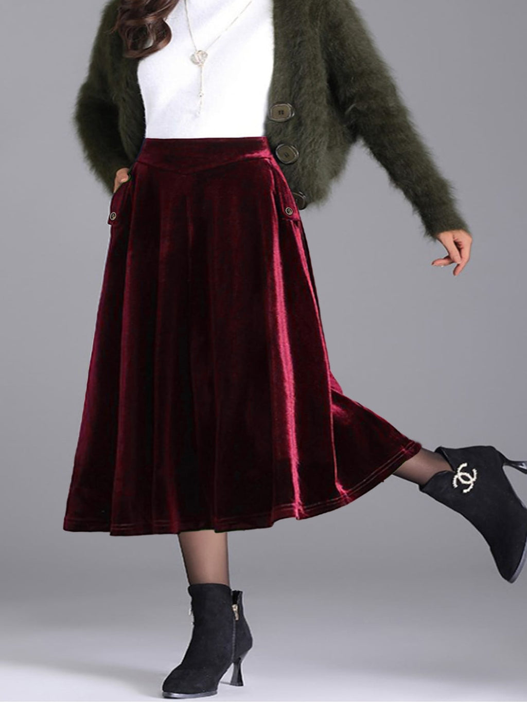 Trendsi Skirt Plus Size Elegant Velvet A-Line Midi Skirt