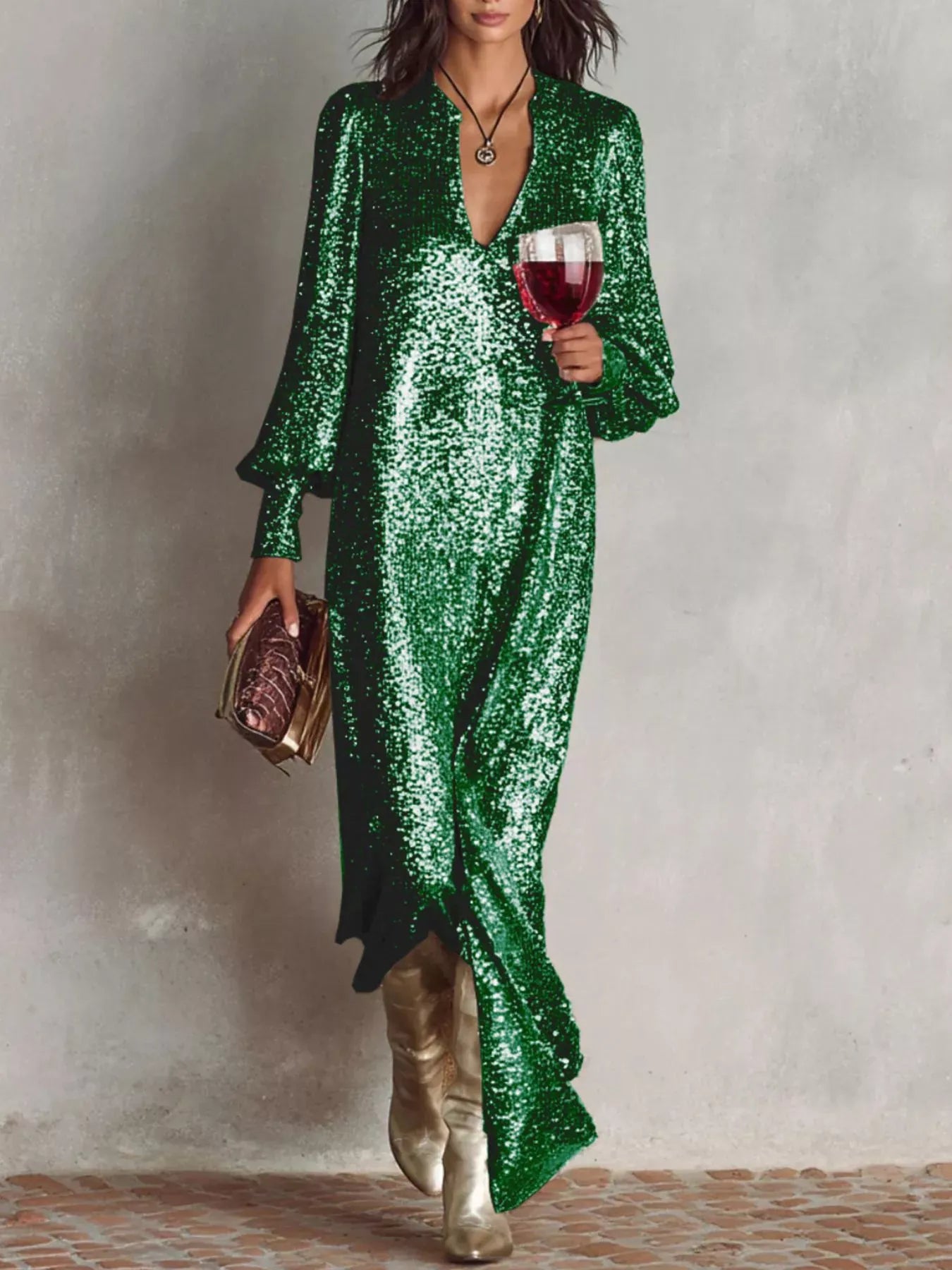 Trendsi Dark Green / S Sequin Notched Lantern Sleeve Maxi Dress