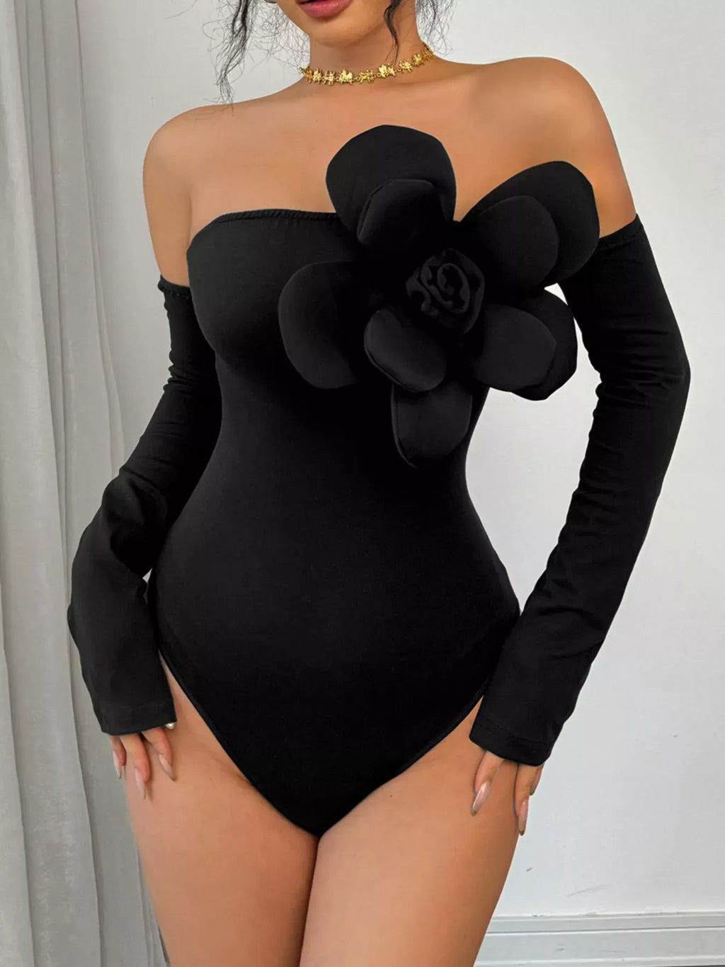 Trendsi Flower Off-Shoulder Long Sleeve Bodysuit