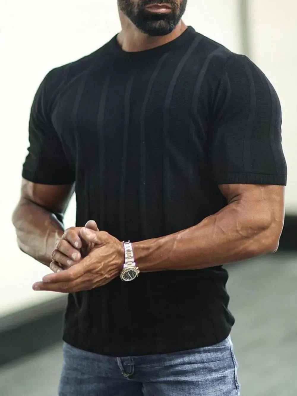 Trendsi Men’s top Black / M Men's Plus Size Striped Round Neck Short Sleeve T-Shirt