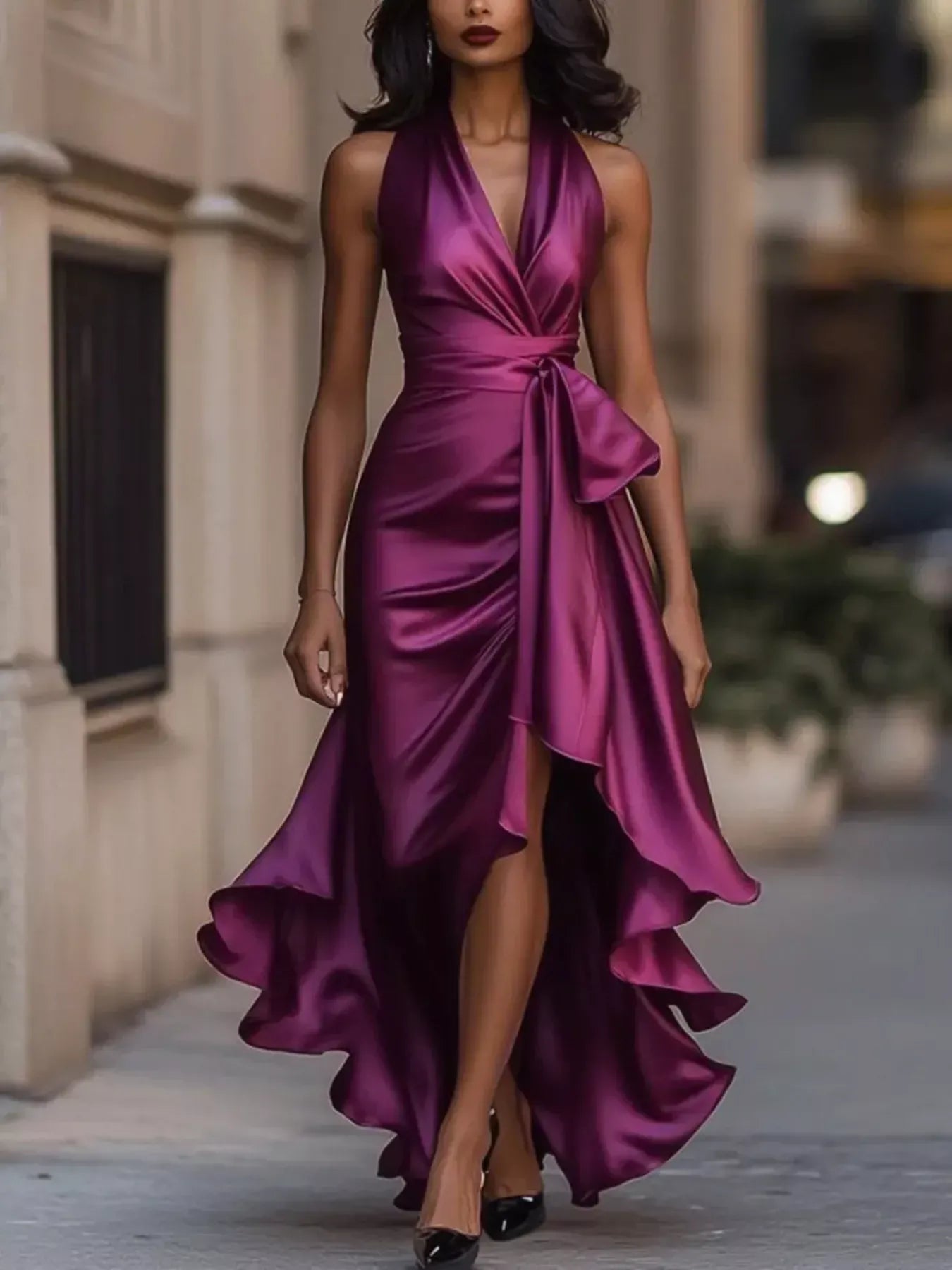 Trendsi Purple Red / XS Full Size High-Low Ruffled Satin Maxi Dress Plus Size