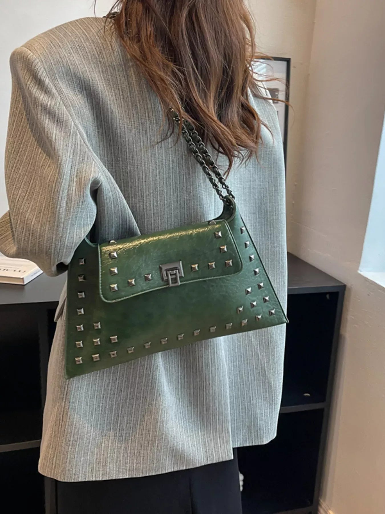 Trendsi Green / One Size Studded Flap Chain Shoulder Bag