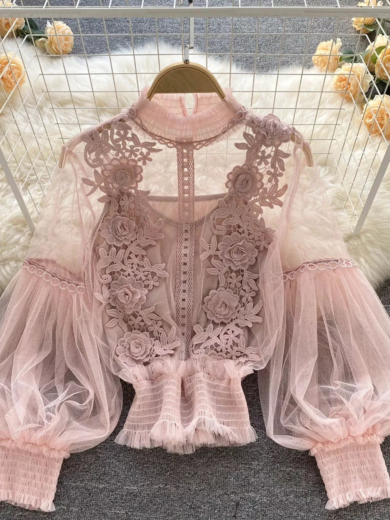 Trendsi Pink / One Size Floral Lace Blouse & Cami Set