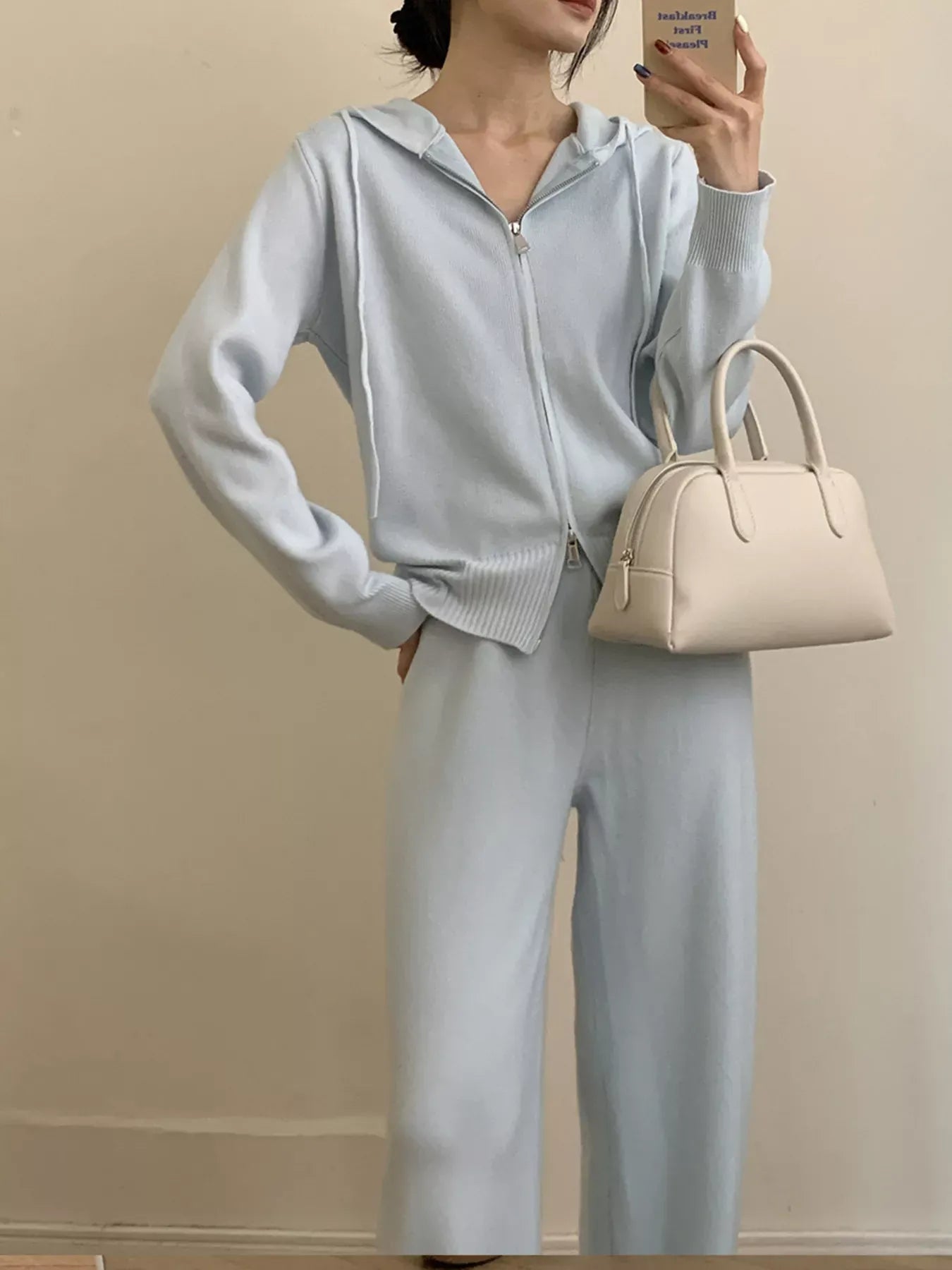 Trendsi Zip Up Cardigan and Drawstring Wide Leg Pants Knit Set