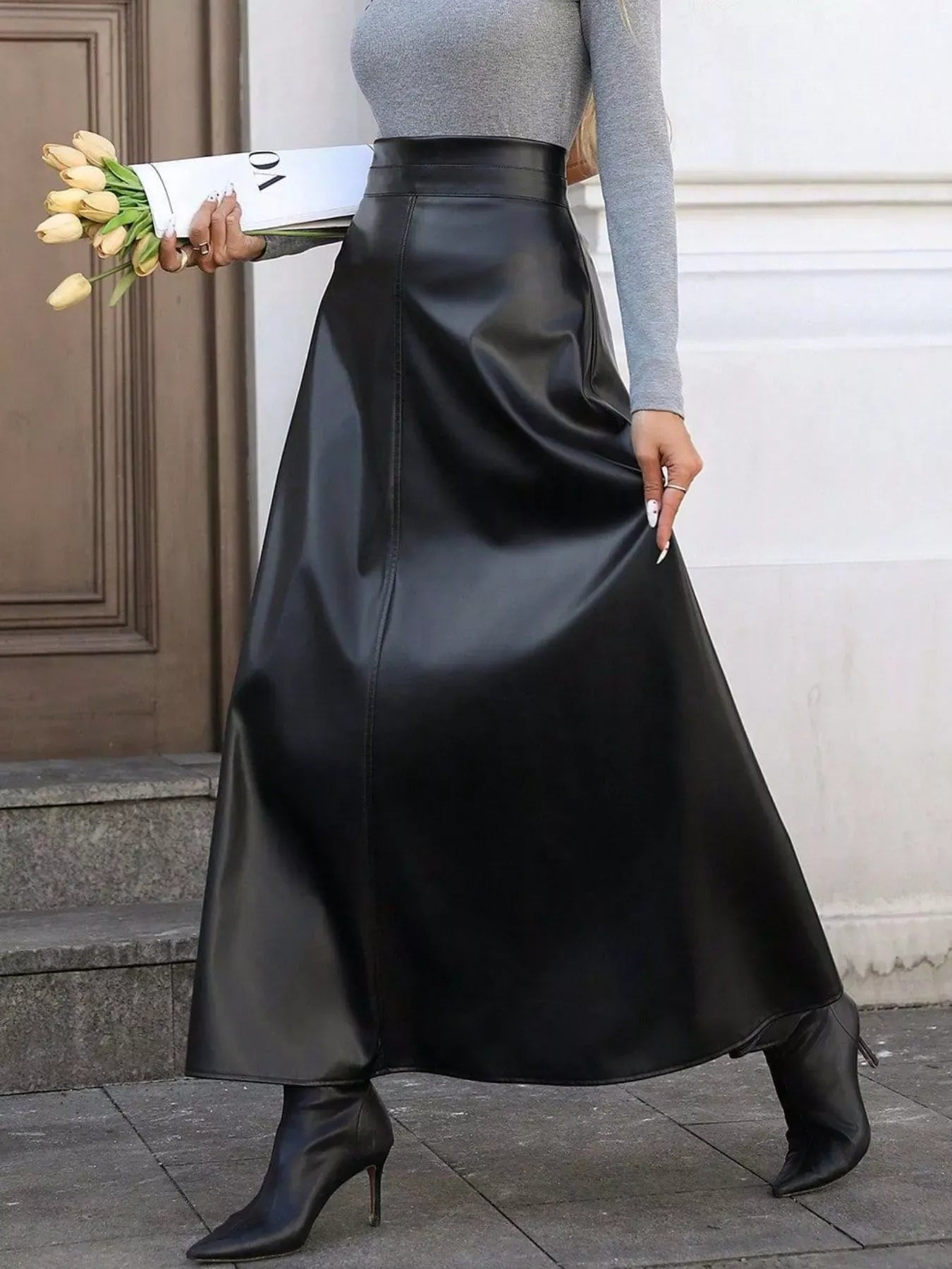 Trendsi Leather A-Line Midi Skirt