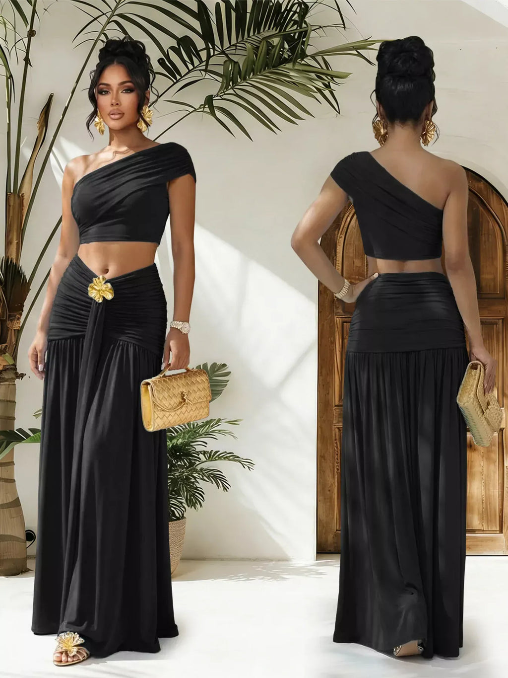 Trendsi One-Shoulder Top and Ruched Maxi Skirt Set