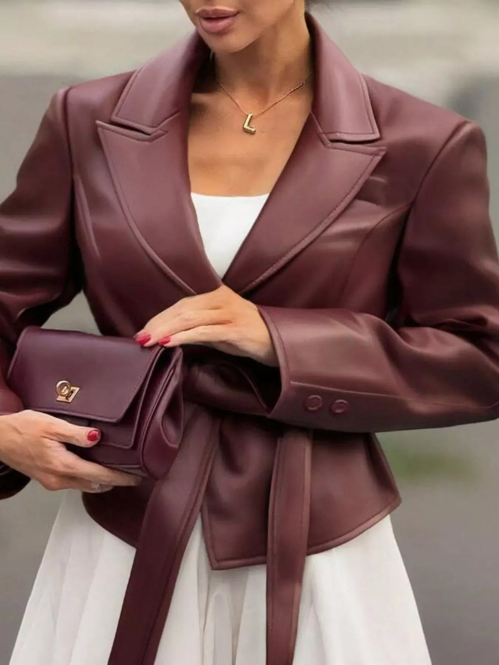 Trendsi Burgundy / S Belted Faux Leather Blazer