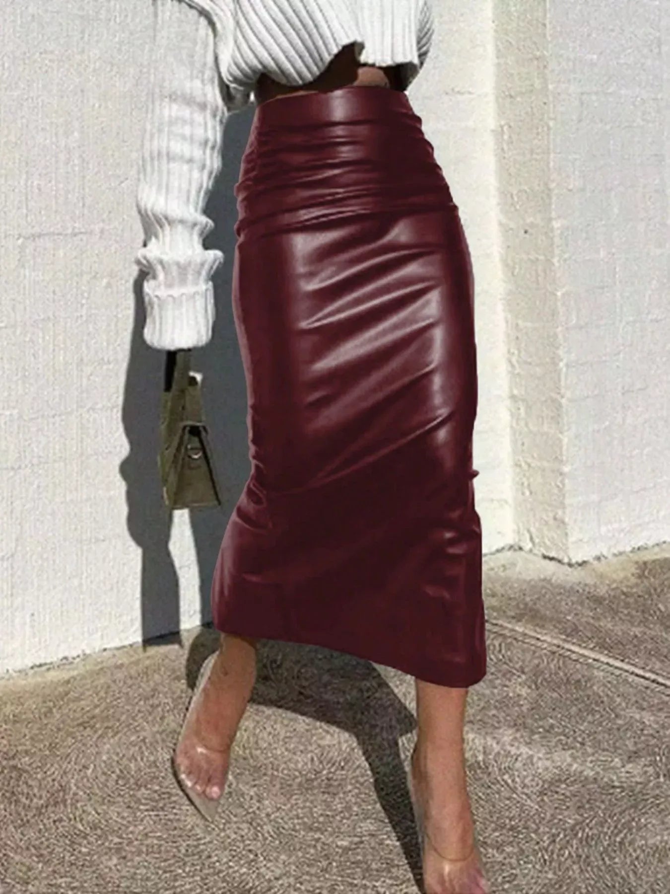 Trendsi Burgundy / S Slit Back Leather Skirt