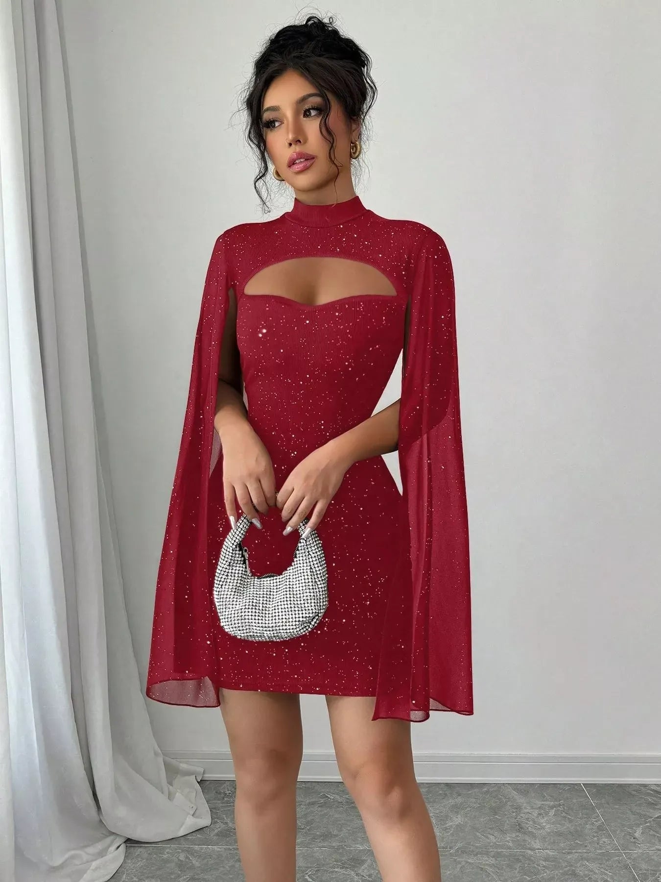 Trendsi Red / S Cutout Bodycon Mini Dress with Cape Sleeves