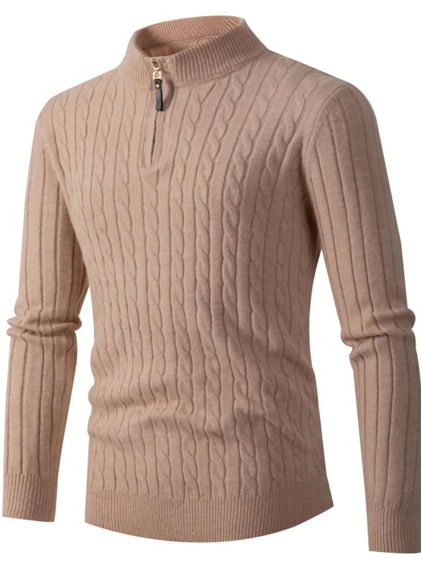 Trendsi Camel / S Men's Full Size Slim Fit Cable Knit Half Zip Sweater Plus Size