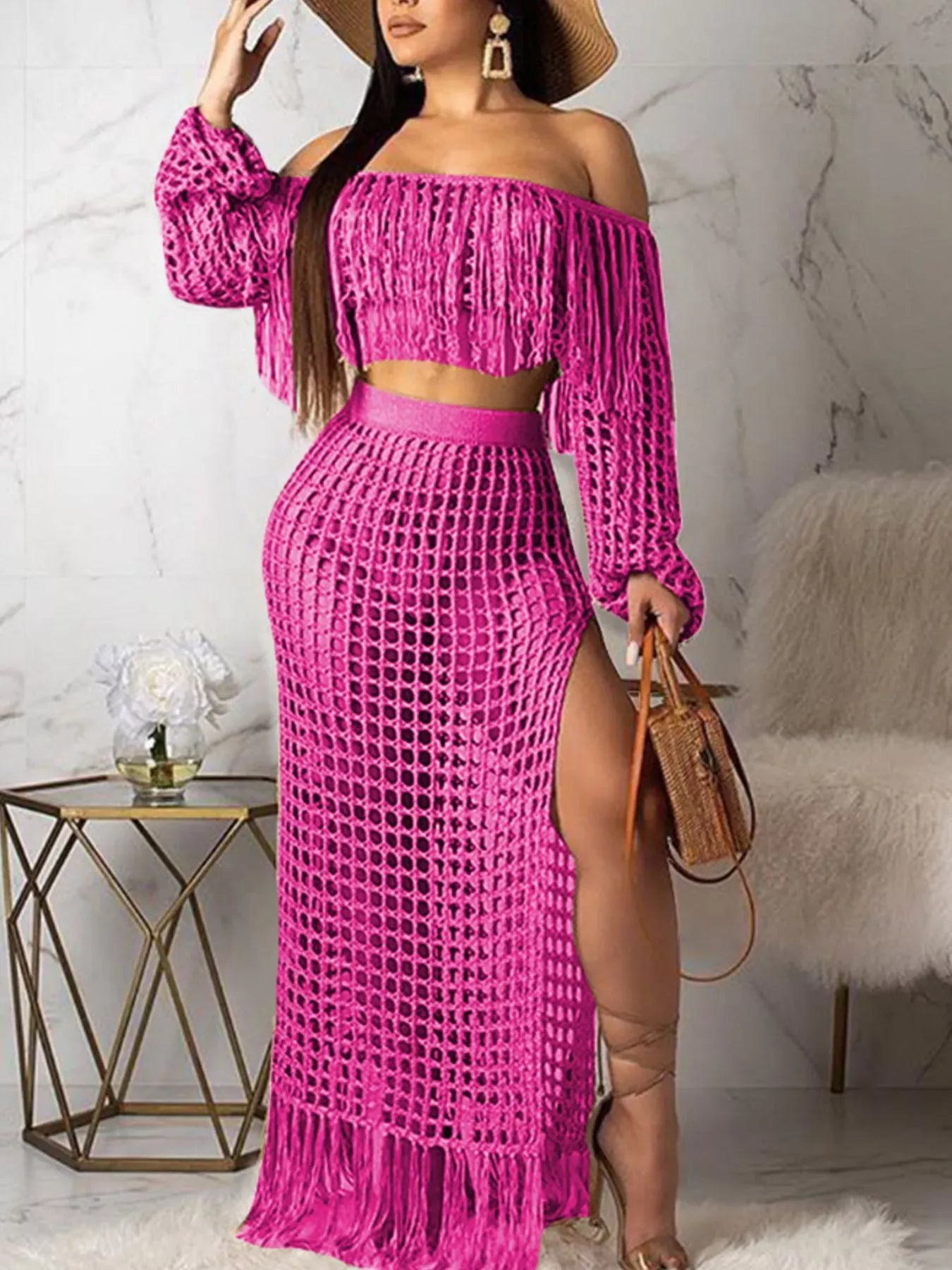 Trendsi Pink / S Full Size Crochet Off-Shoulder Fringe Top and Skirt Set Plus Size