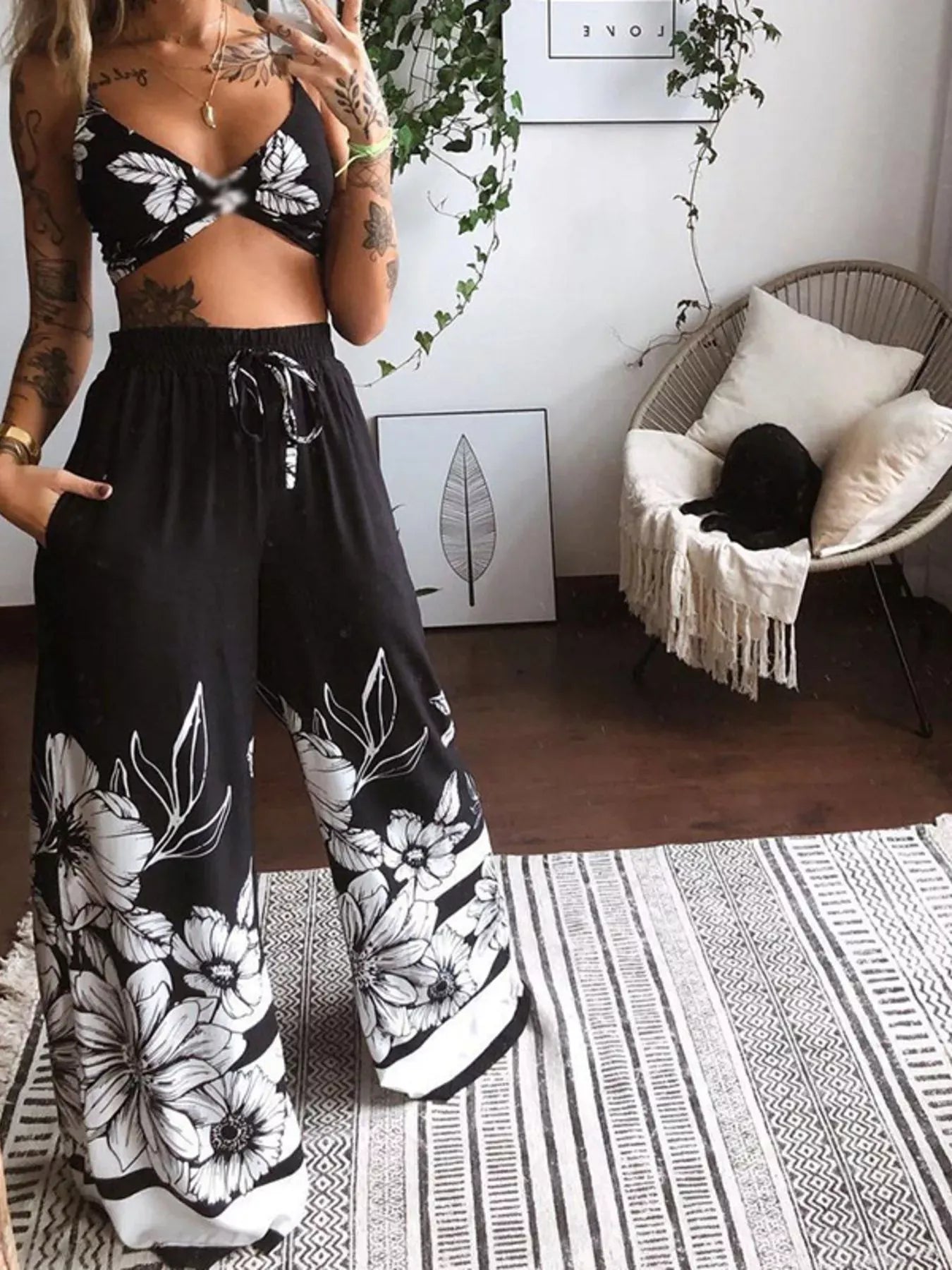 Trendsi Pure Black / S Boho Butterfly Print Top and Pants Set