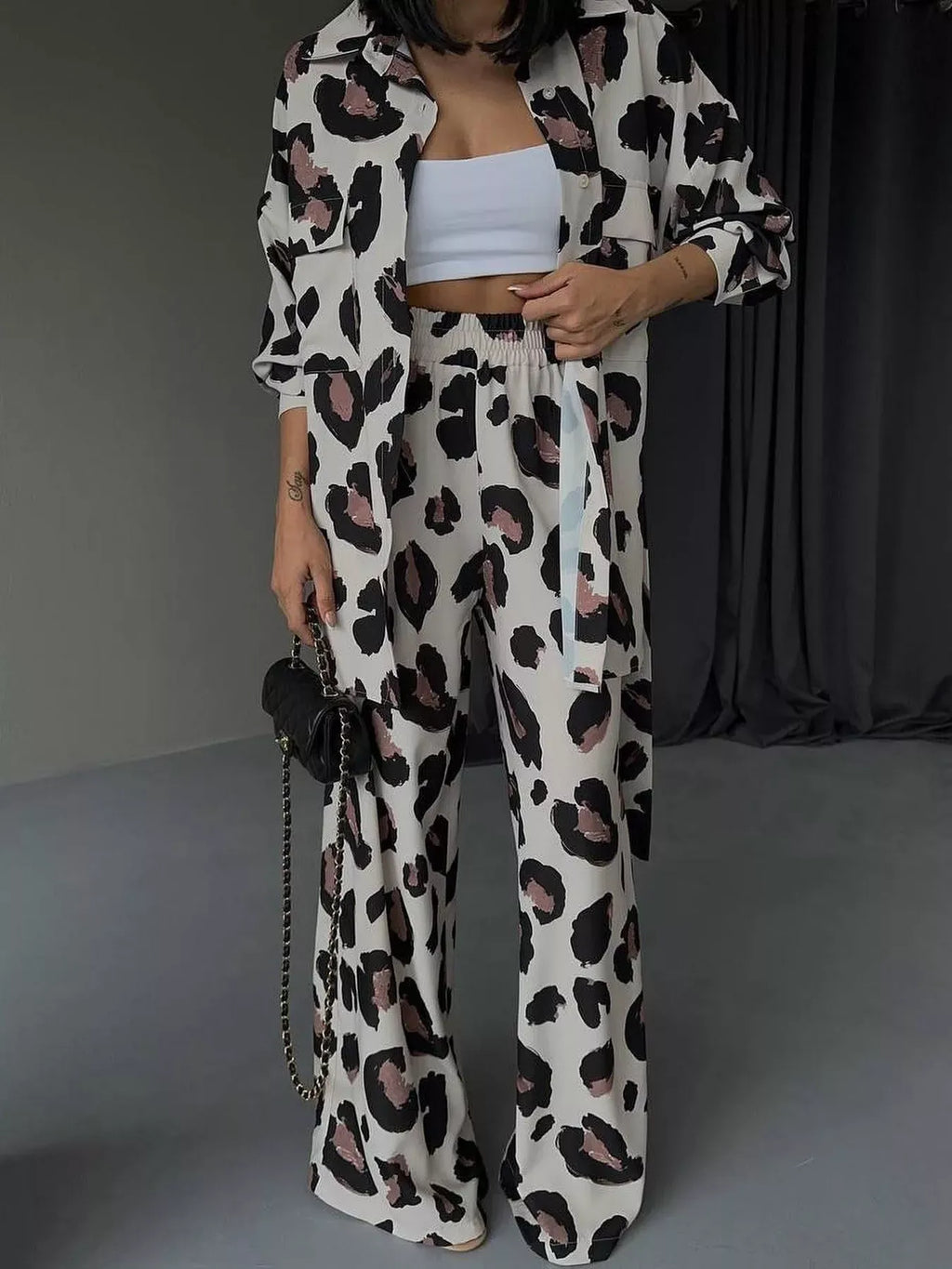 Trendsi Leopard Print Relaxed Fit Shirt and Pants Two-Piece Set